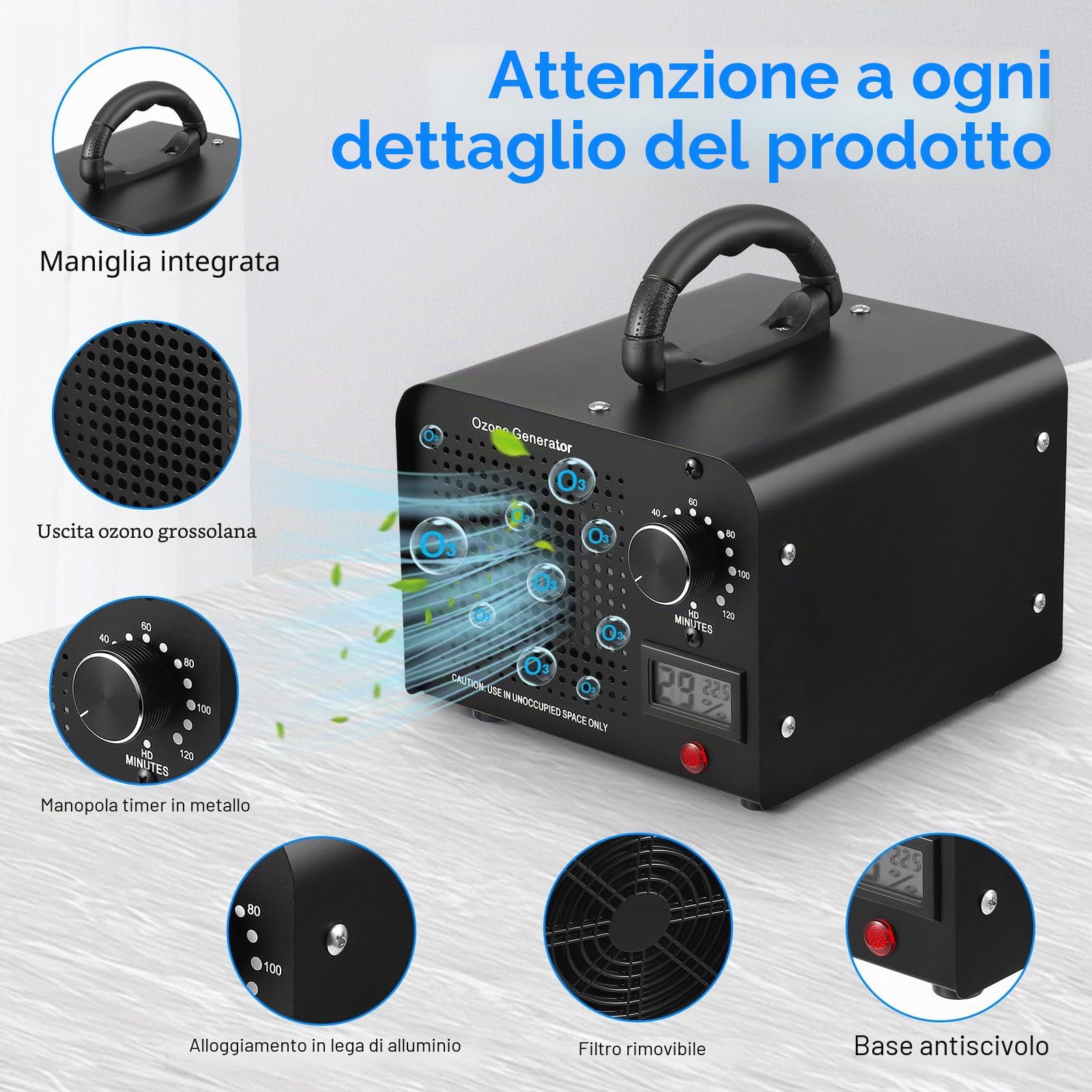 Generatore di Ozono 60000mg/h, Purificatore d'Aria Ozono per 300㎡, Macchina Ozono Alta Capacità O3 con Timer 120 Min, display di temperatura e umidità, Ozonizzatore per Casa Ambienti, Auto, Uffici