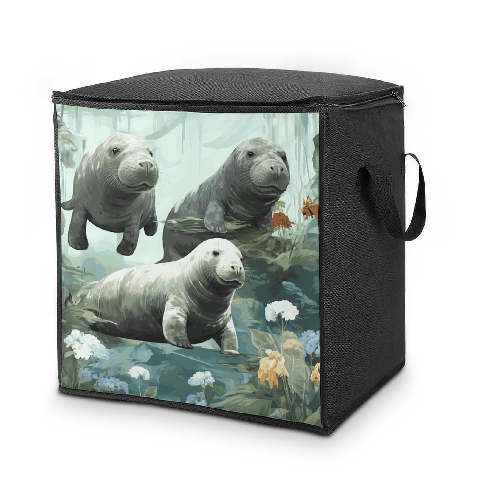 Rabbits Manatees Storage Bag with Zippers And Handle Extra Large Bedding Comforter Storage Bag Foldable Blanket Storage Bags Fabric Moving Bags for Closet Organizer (70L)