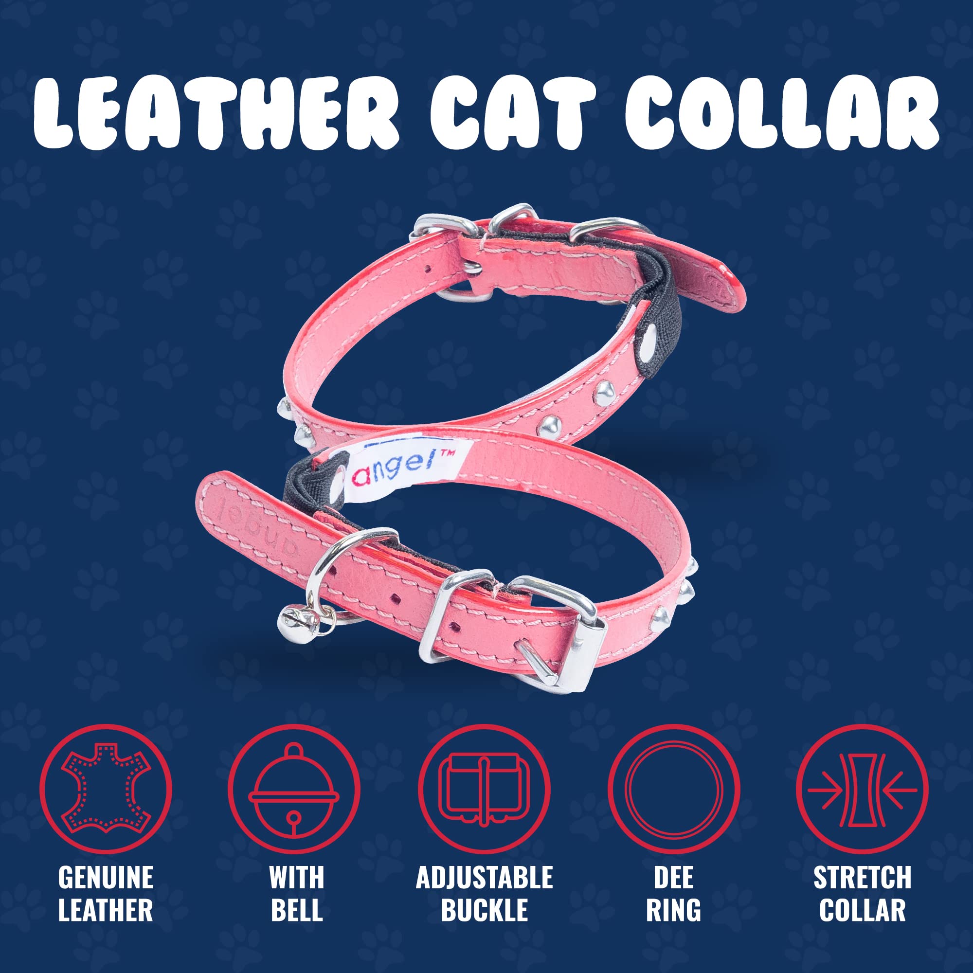 Angel Pet Supplies Inc. Ángel Mascota Suministros Piel Tachonado Collar de Gato con Seguridad elástico Stretch, 12 por 1/2-inch, Rosa