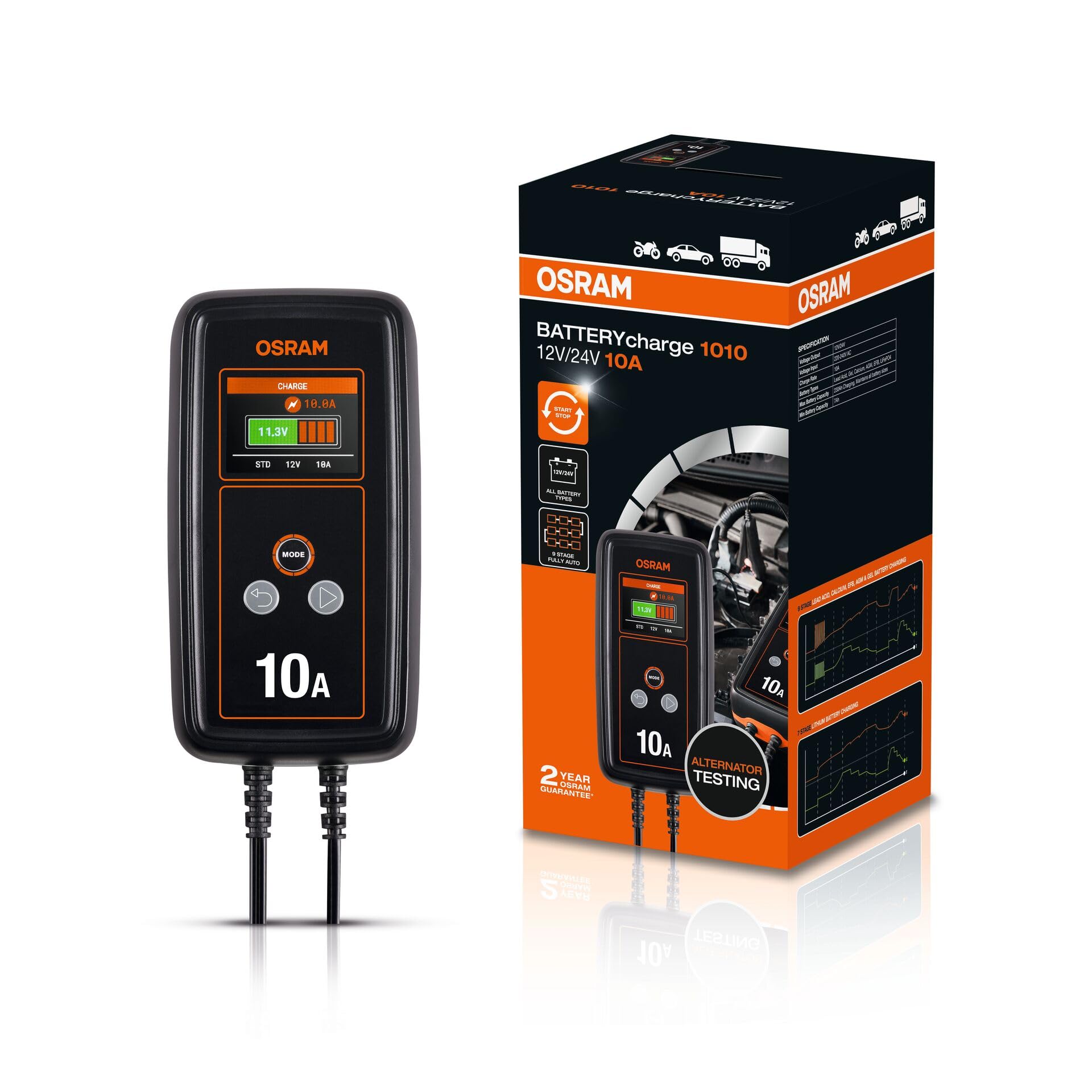 OSRAM BATTERYcharge 1010, 12V, Cargador de baterías inteligente, 10A para coches y furgonetas, compatible con baterías AGM, EFB, de plomo y litio, carga rápida, compatible con Start/Stop.