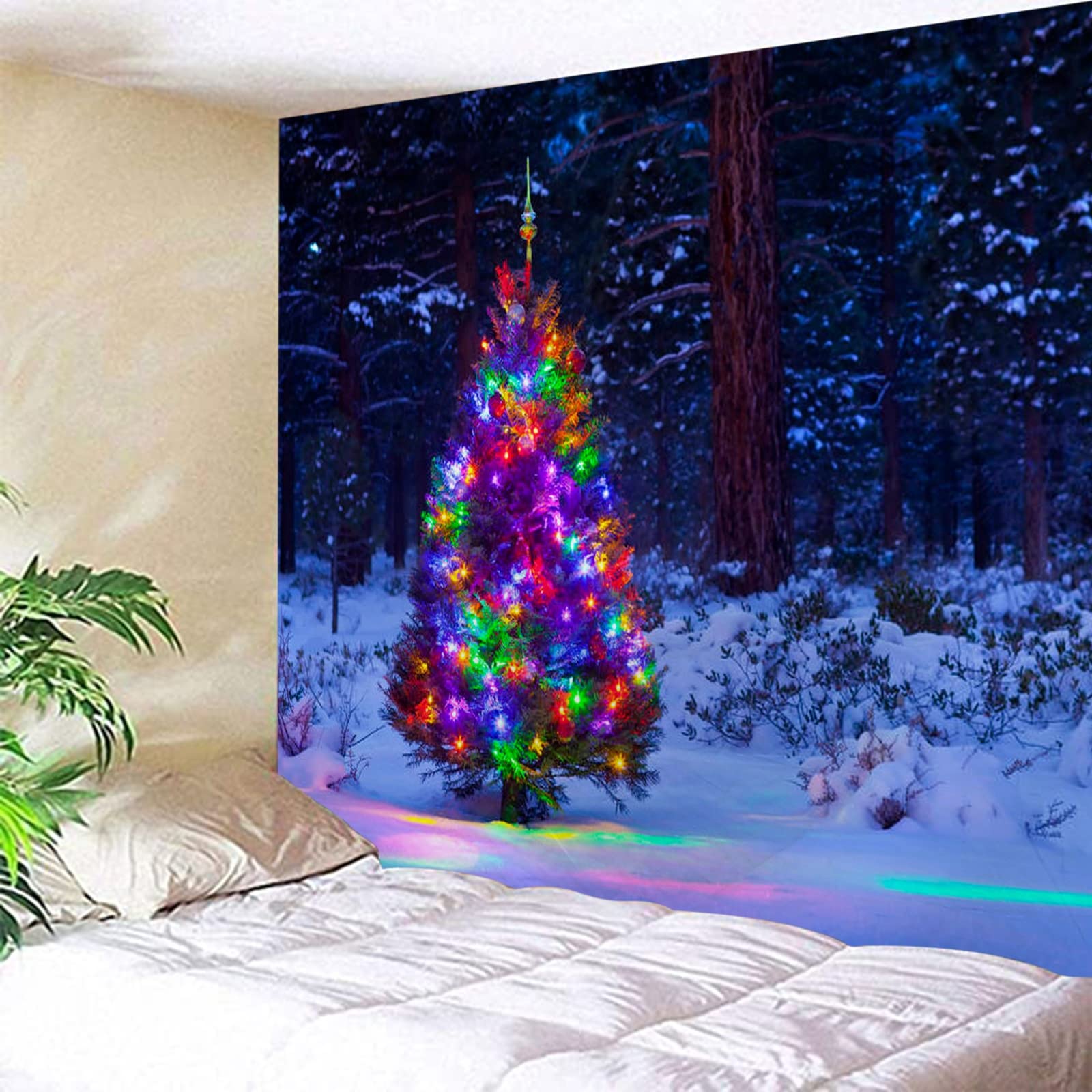 KnSam Wandtuch 300x260cm, Weihnachtsbaum Schnee Wald Muster Wandbehang Tagesdecke aus Weiches Polyester Digitaldruck für Schlafzimmer Wohnzimmer Home Office Dekoration, Bunt