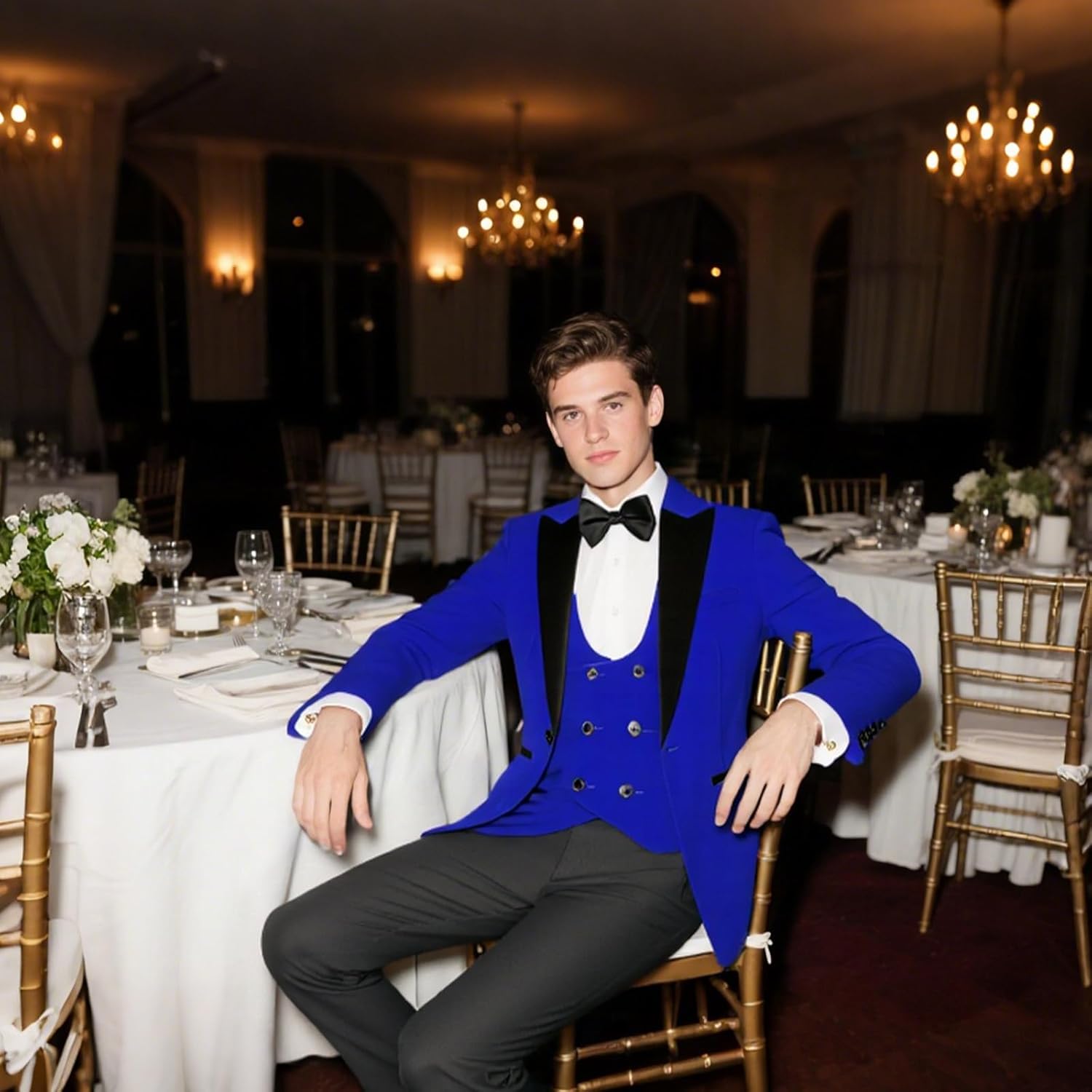 Mens Velvet Suit 3 Piece Slim Fit Tuxedo Peak Lapel Formal Blazer One Button Jacket Vest Pants for Prom Wedding - Image 3