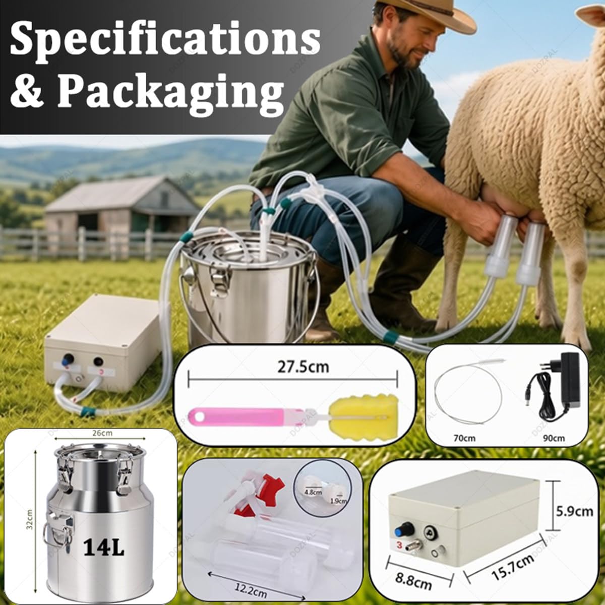 Mungitrice per mucche/capre con secchio in acciaio inox da 10/14 litri,aspirazione regolabile e funzione di arresto automatico,Attrezzatura portatile automatica per la mungitura del bestiame Goat-14L