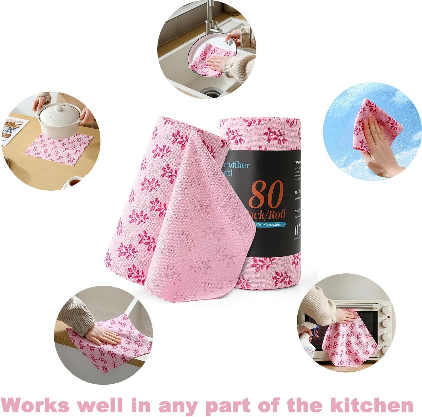 Microfiber Cleaning Cloth Roll,80 Pack Cleaning Towels,Lint Free Rags Paper Towels & Tear Away Reusable Towels,Washable Shop Rags Floral Wipe Cloth,Wash Cloths Dish Rags for Car Kitchen Window