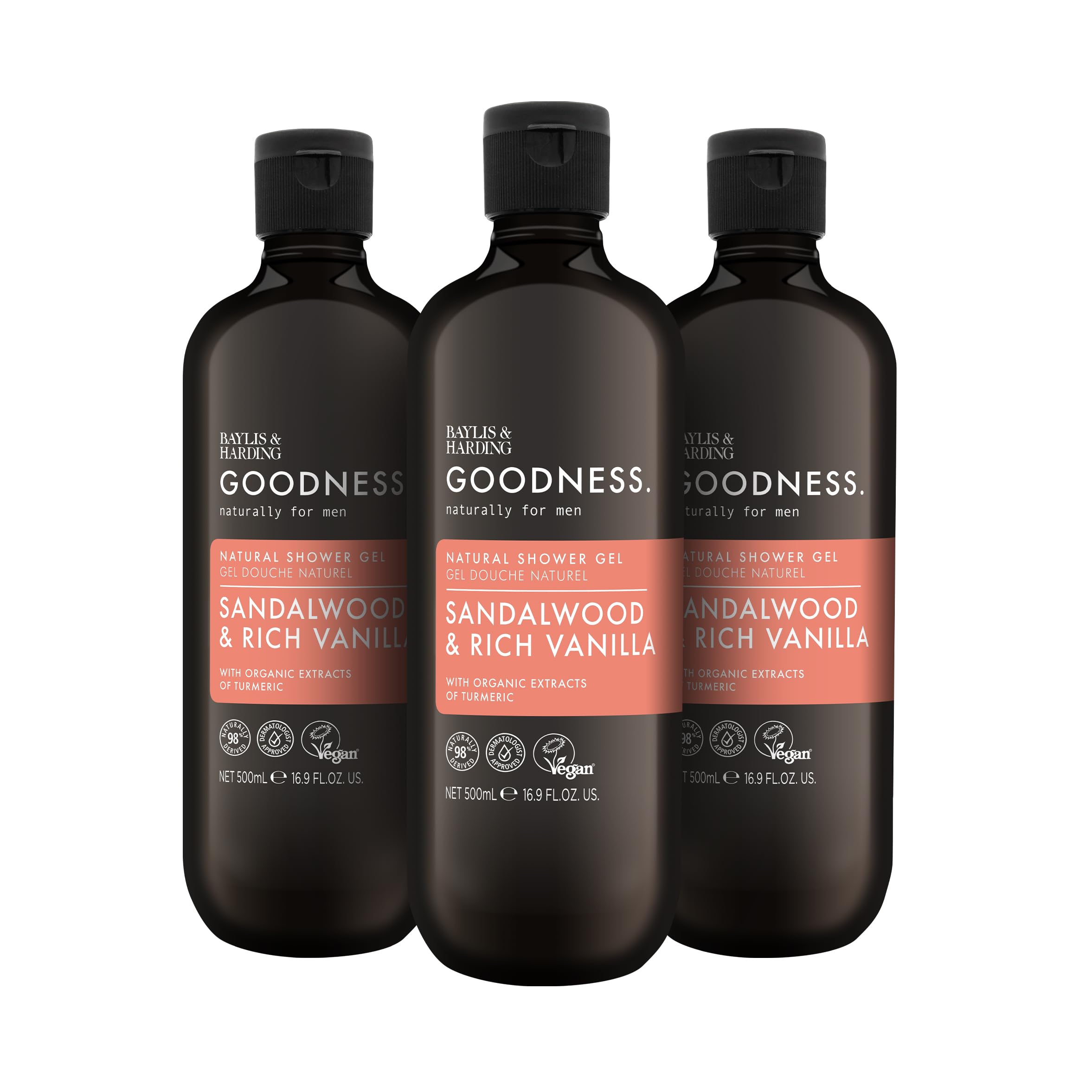 Baylis & HardingGoodness Men's Sandalwood & Vanilla Natural Shower Gel, 500 ml (Pack Of 3) - Vegan Friendly