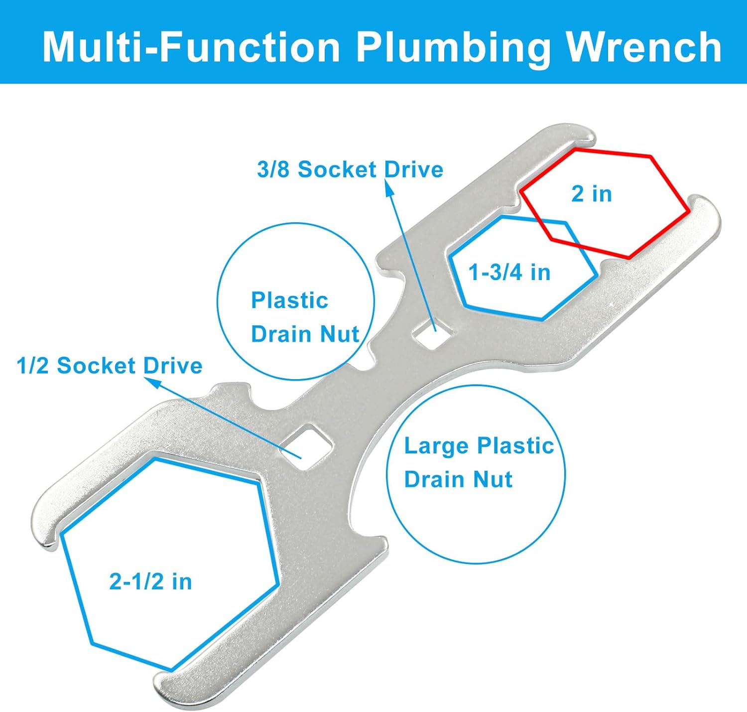 3 Way Plumbers Wrench, Sink Drain Wrench Fits 1-3/4 Inch, 2 Inch, 2-1/2 Inch Nuts, Basket Strainer Wrench Multifunction Plumbing Wrench for Installing, Locking Nuts
