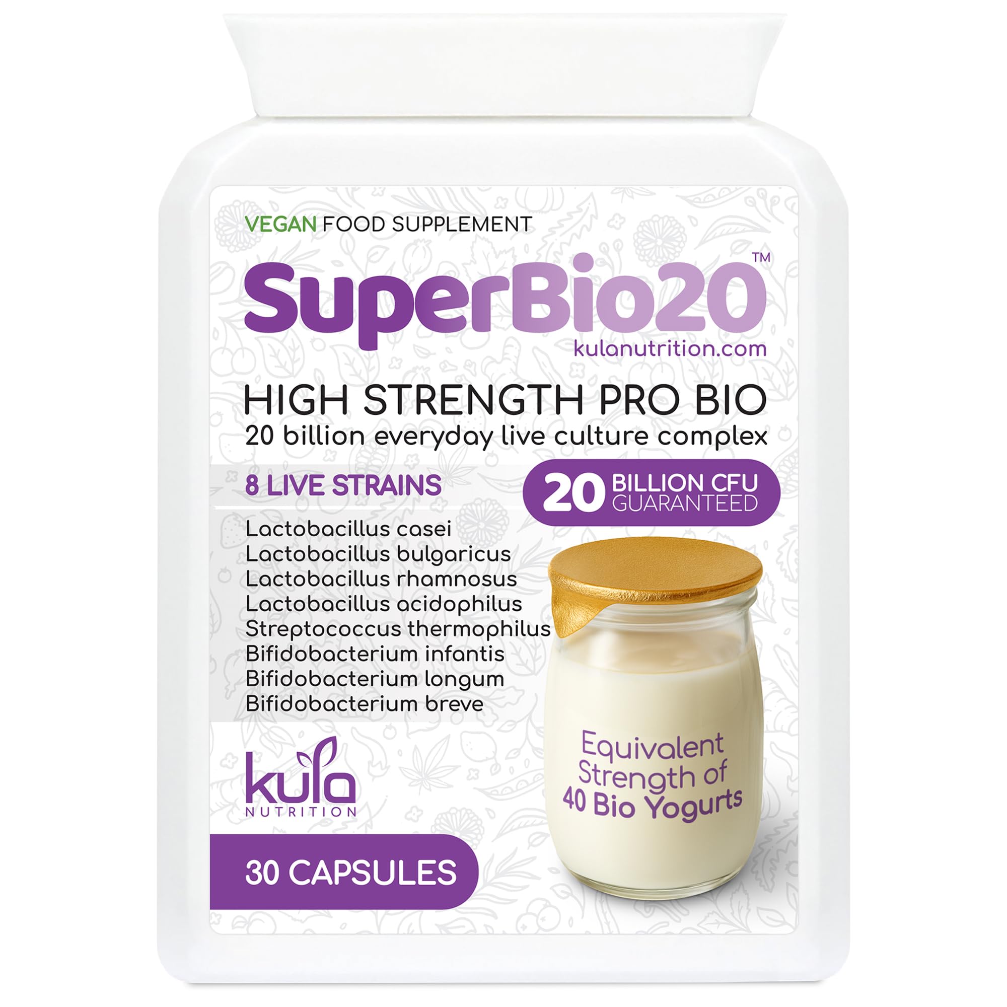 SuperBio20 - High Strength Probiotic Capsules Complex - 20 Billion Multi-Strain Live Cultures - 8 Strain Full Spectrum Friendly Bacteria Supplement - Acid and Bile Resistant Gut Flora - 30 Days Supply