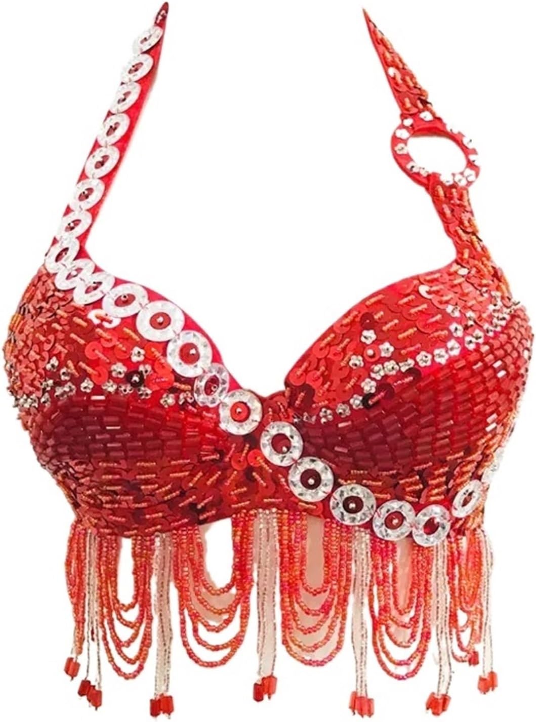 Women Belly Dance Costume Bra Top Eastern Sequined Beaded Fringe for Halloween Theme Party(Color-06,M)