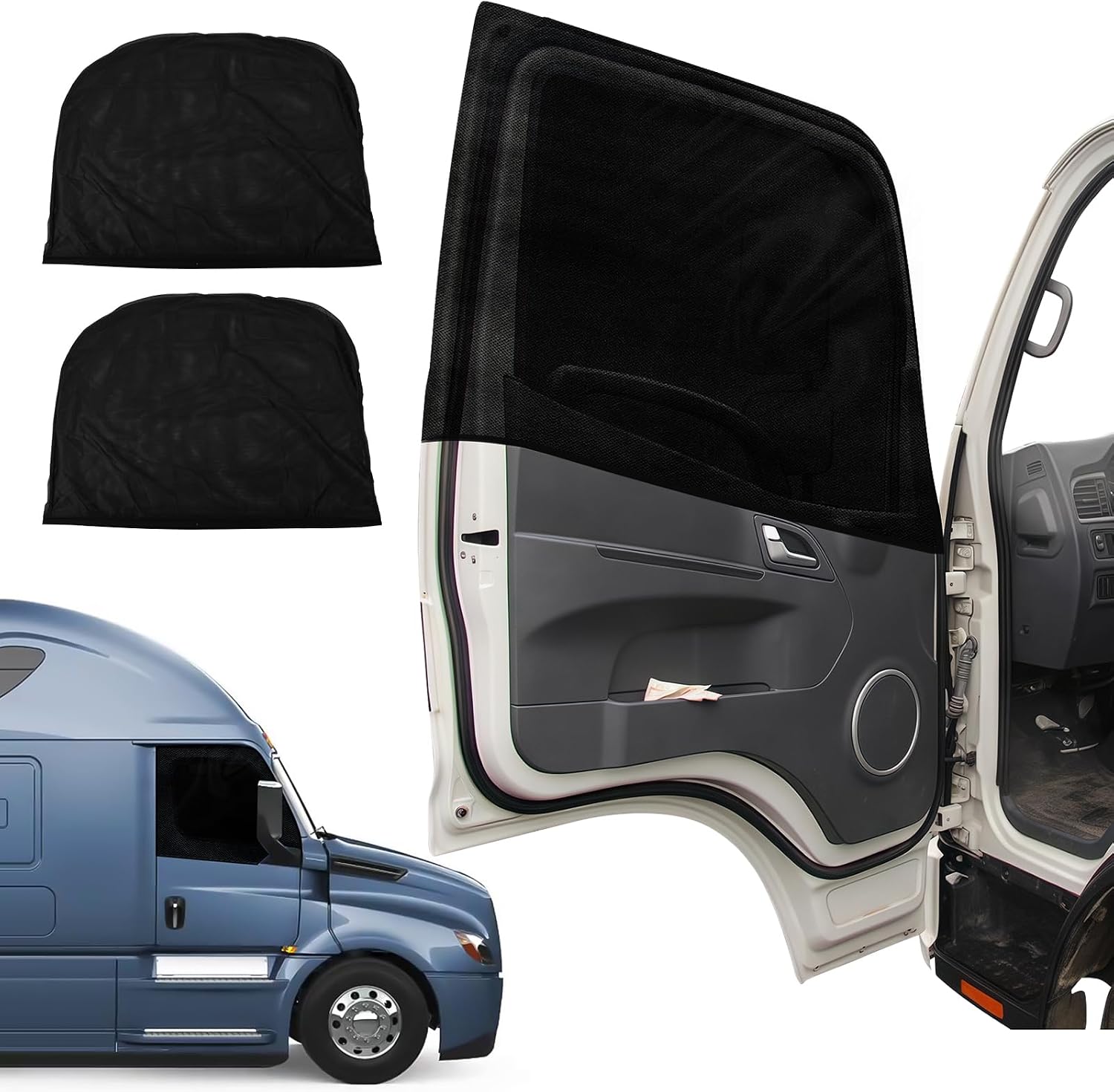 2-Pack Window Bug Screen Semi Trucks & Pickups, 39"x35" (Expands to 59") Sun Shade & Bug Mesh, No-Tool Installation, for Freightliner, Peterbilt, Kenworth & Tacoma, Silverado, Ram & More