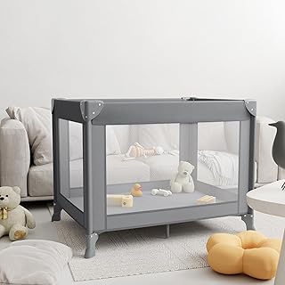 Klappbares Baby Reisebett, Mini Laufstall 100×70×70 cm – leichtes Reise-Klappbett, nutzbar als Babybett, Spielbereich, Hundelaufstall, Katzengehege, inklusive Tragetasche(Grau)