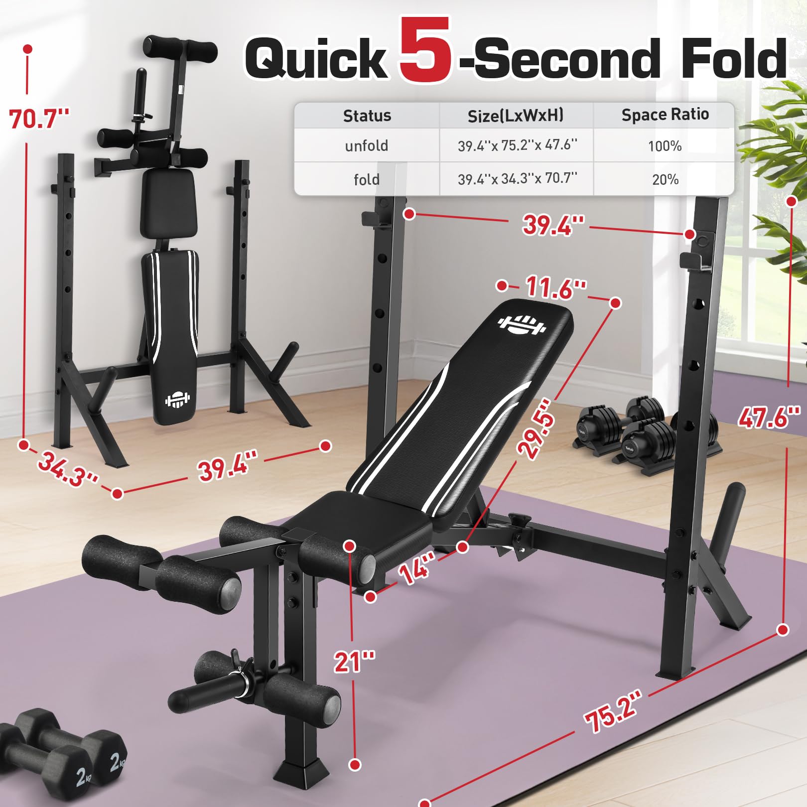 Adjustable Weight Bench Press Set 900LBS with 72''W Squat Rack & Leg Extension/Curl Foldable Workout Bench for Full Body Fitness Flat/Incline/Decline Upgrade Weight Benches for Home Gym