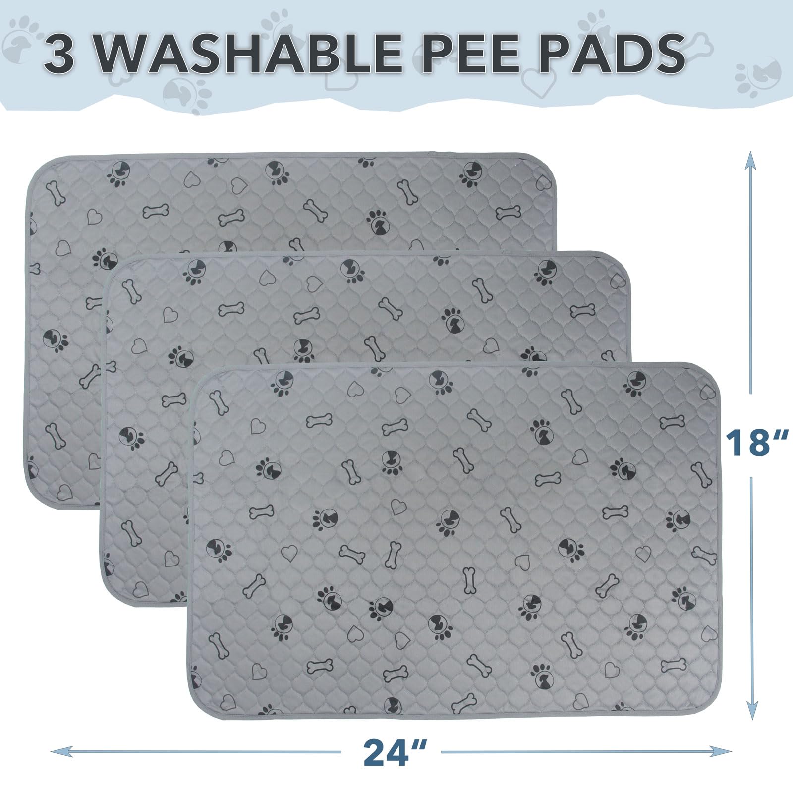 Paquete de 3 almohadillas reutilizables de 18 x 24 pulgadas para cachorros, súper absorbentes, lavables, para entrenamiento de perros, a prueba de fugas, almohadillas de entrenamiento impermeables