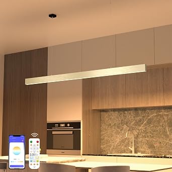 SCON 4.4FT Linear Pendant Light, 40W Gold Modern Dimmable Kitchen Island Lighting, Aluminum Chandelier with Remote & App Control, Adjustable Height, CCT 2700K-6000K, Brushed Gold for Dining Room
