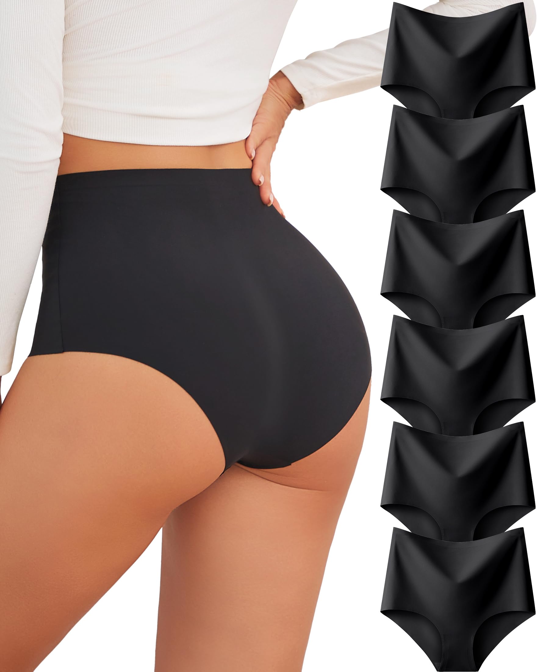 FINETOO Seamless Underwear for Women High Waisted Womens Underwear Cheeky Bikini No Show Briefs Ladies Panties 6 Pack