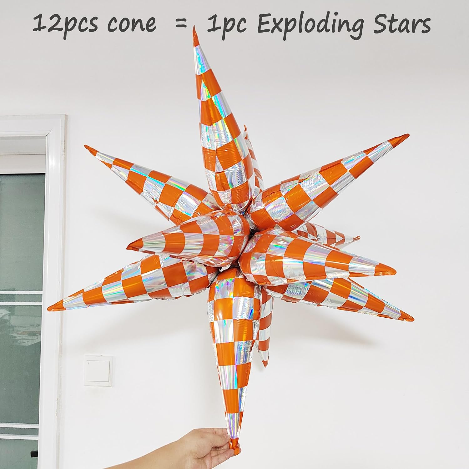 Iridescent Spike Star burst Exploding Stars Foil Balloon Decoration, 32-Inch Orange Silver Checkerboard Pattern for Birthday Eras Showgirl Racing Concert Party Decor, Set of 60 Cones