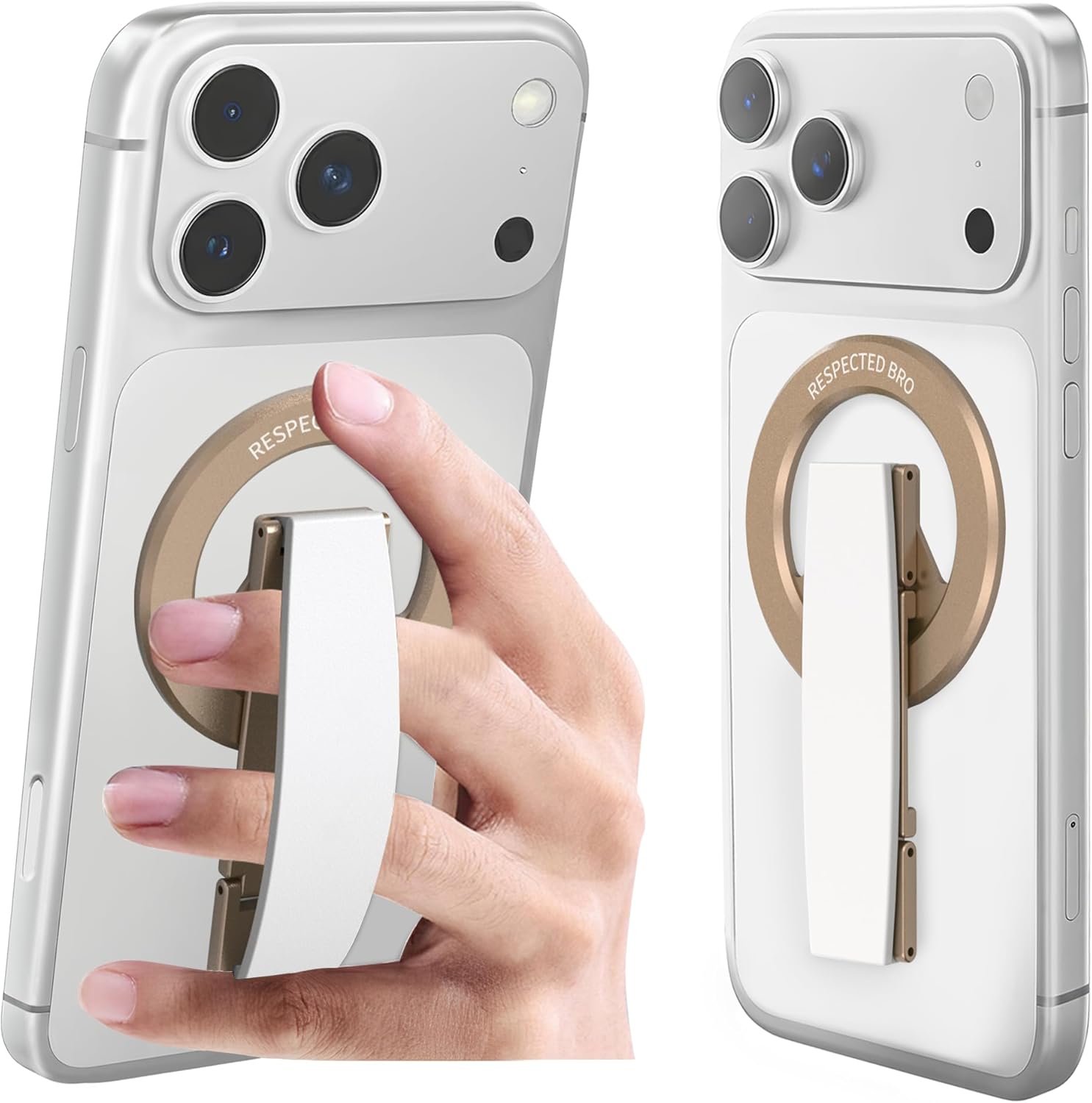 RESPECTED-BRO-Magnetic-Phone-Grip-Stand, Magnetic Phone Ring Holder Kickstand with Silicone Finger Strap, Compatibility for iPhone 17/16/15/14/13/12, Android, and More (White)