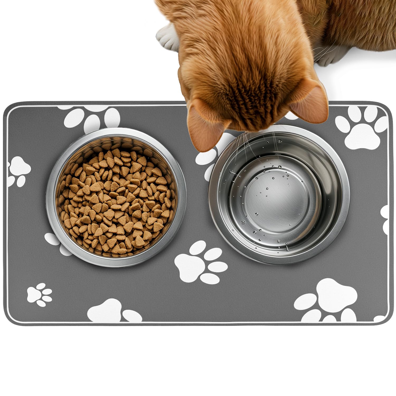 QWORKยฎ 30x50cm Water Absorbent Pet Feeding Mat, Pet Food Bowl Placemat, Easy Clean Feeder Mat for Dogs & Cats, Anti-Slip, Gray
