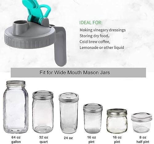 Miniatura 4 de Paquete de 2 tapas de boca ancha para tarros Mason con asa, tapa abatible de plástico reutilizable, sello hermético a prueba de fugas, color negro,