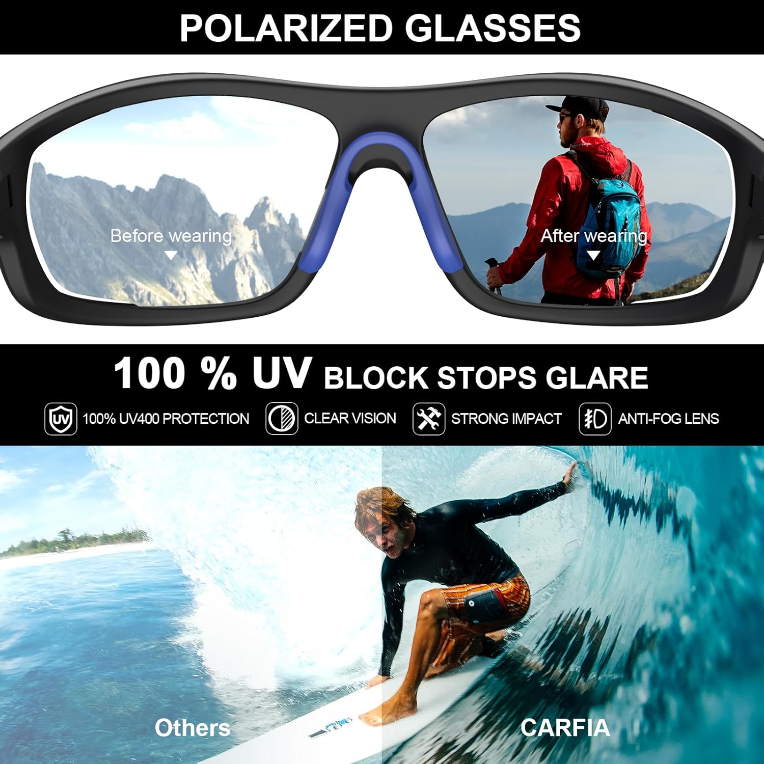 CARFIA Polarized Sports Sunglasses for Men Women Unique Lens Sides Vent Glasses for Baseball Running Cycling - Image 6