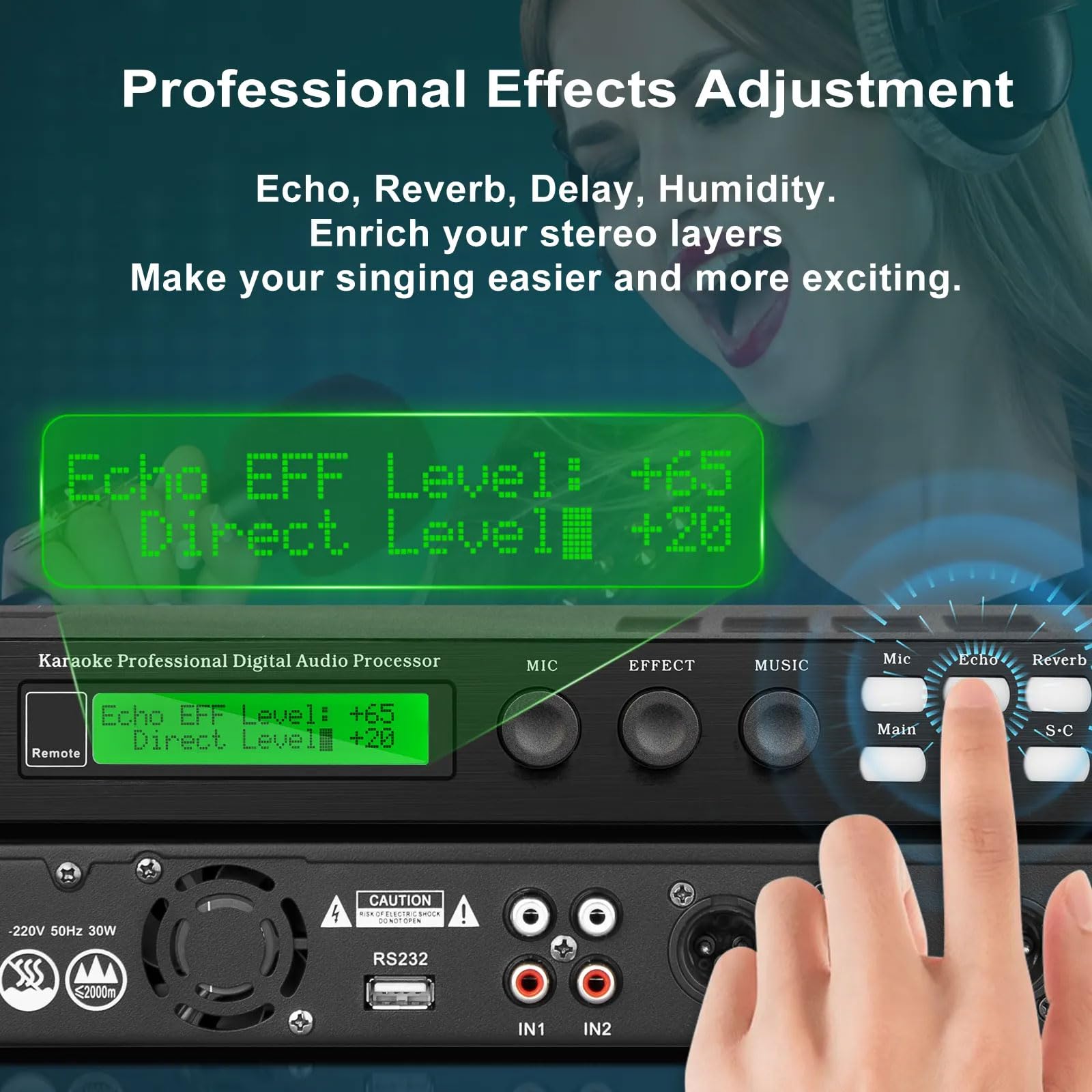 Effettuatore digitale professionale pre-stadio, 3 ingressi microfono, processore audio anti-ulula, regolazione equalizzatore microfono a 15 bande, per karaoke, palcoscenico, chiesa, performance