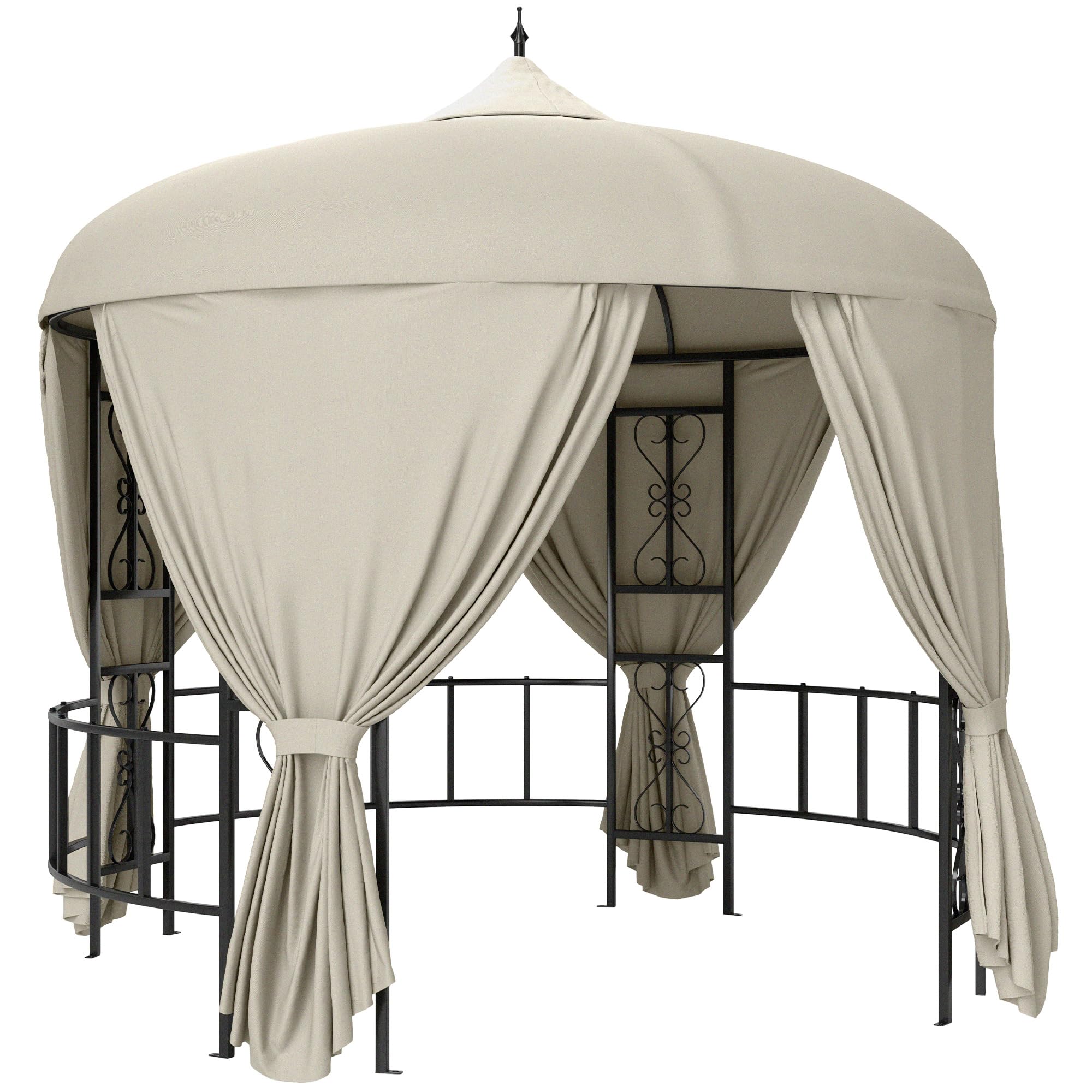 Outsunny Gazebo da Giardino Rotondo Ø3m con Tende e Prese d'Aria Beige | Gazebo da Esterno, in Metallo e Poliestere