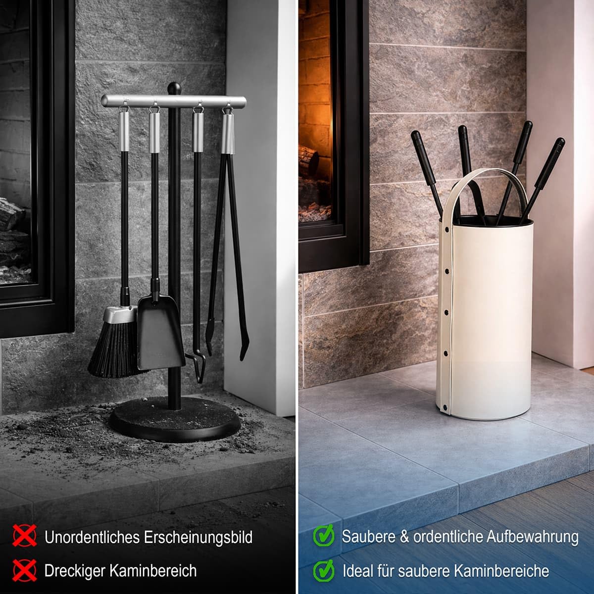 MS Beschläge Kaminbesteck Set 5-tlg mit Besteckbehälter aus Leder Altweiß - moderne Kamingarnitur Kaminwerkzeuge schwarz pulverbeschichtet - elegantes Kamin-Set Ofengarnitur Ofenbesteck mit Tragegriff