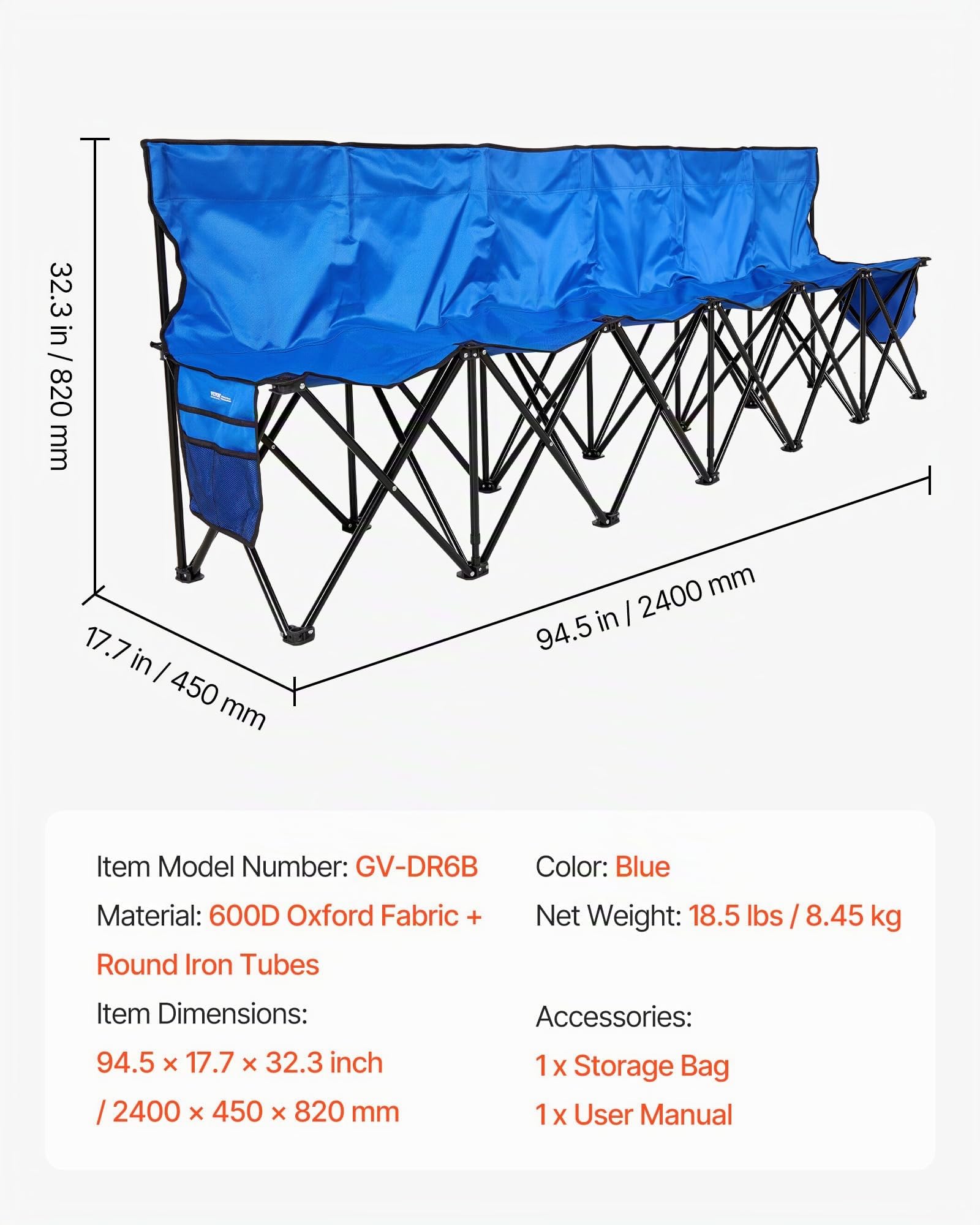 VEVOR Banc Pliant Portable à 6 Places, Banc de Camping Pliable avec Poches de Rangement et Sac de Transport, siège latéral léger avec Dossier pour Football, Baseball et événements en Plein air, Bleu