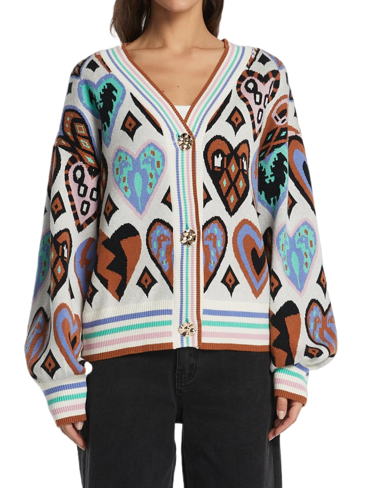 Womens Cute Sweater Cardigan Heart Print Cropped Button Open Front Cardigans V Neck Knitted Y2K Outerwear
