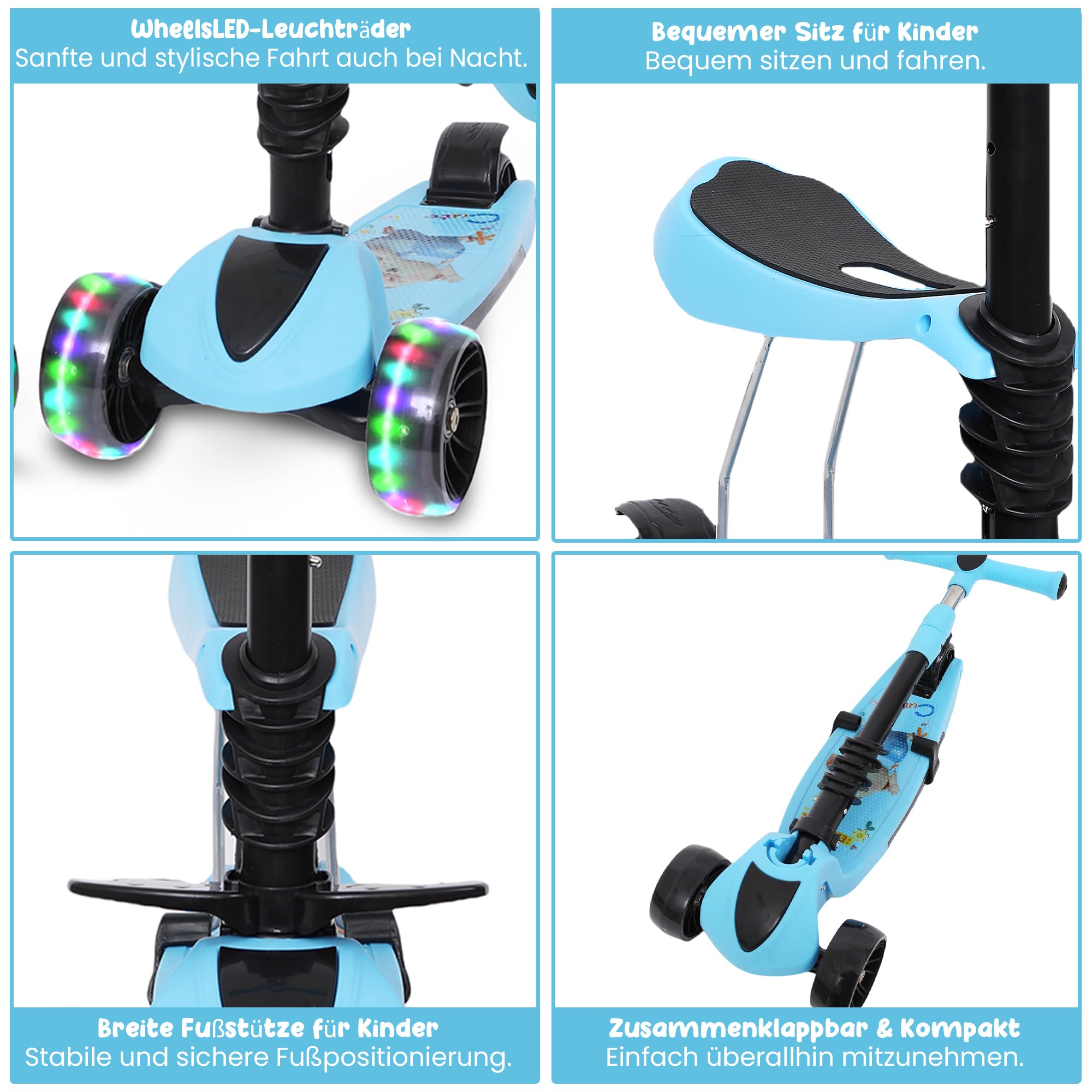 Habib 3-in-1 Kinderroller mit Sitz - Dreirad Tretroller, Faltbar, Höhenverstellbar, LED Räder, Kinderroller ab 3 Jahren (Bis 50kg)