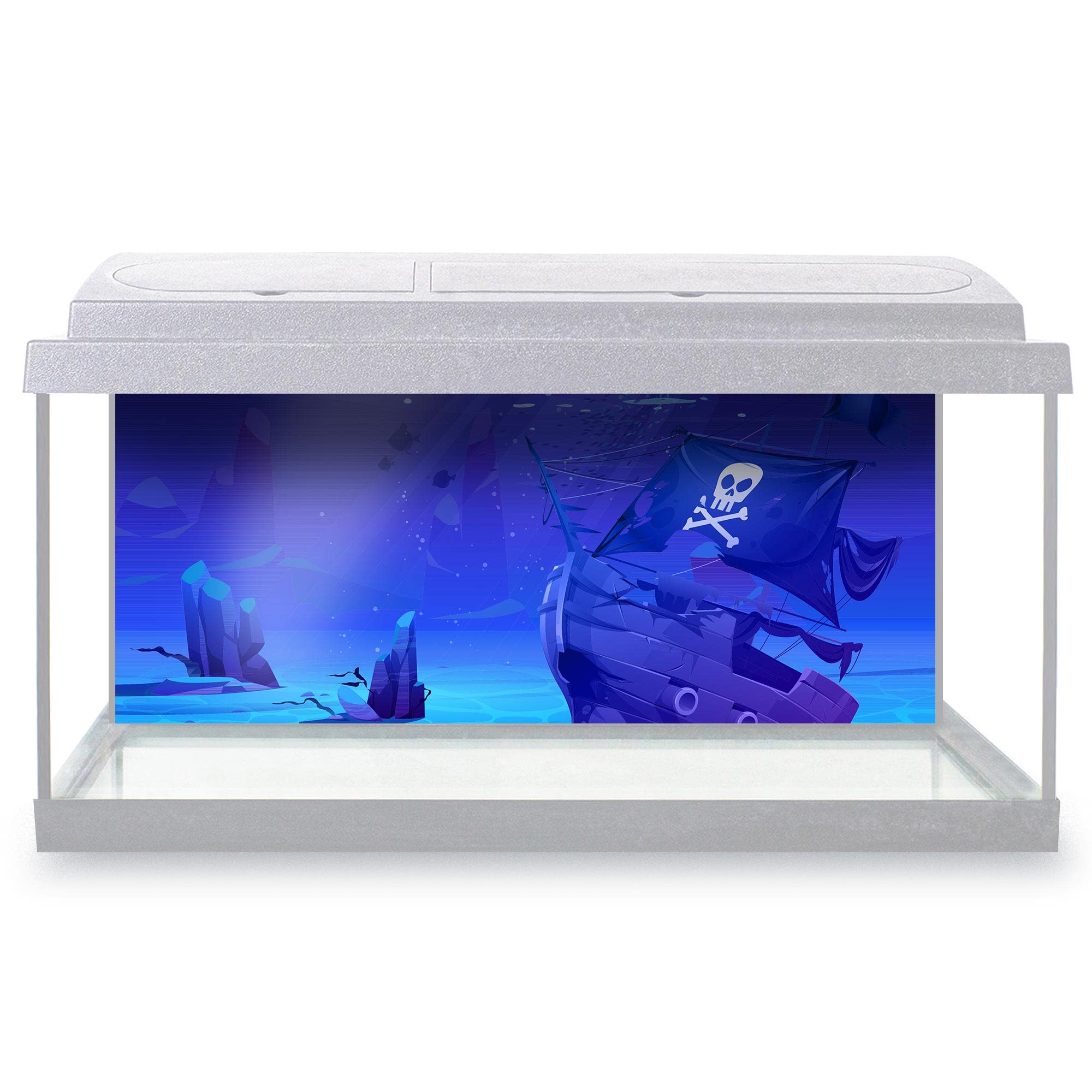 Aquarium Fish Tank Background 77x32 cm - Pirate Ship Sunken Filibuster Vessel Wooden Boat Jolly Roger Flag Sandy Bottom Cartoon Static Cling Vinyl Vivarium Terrarium External Application #500127 — image 1