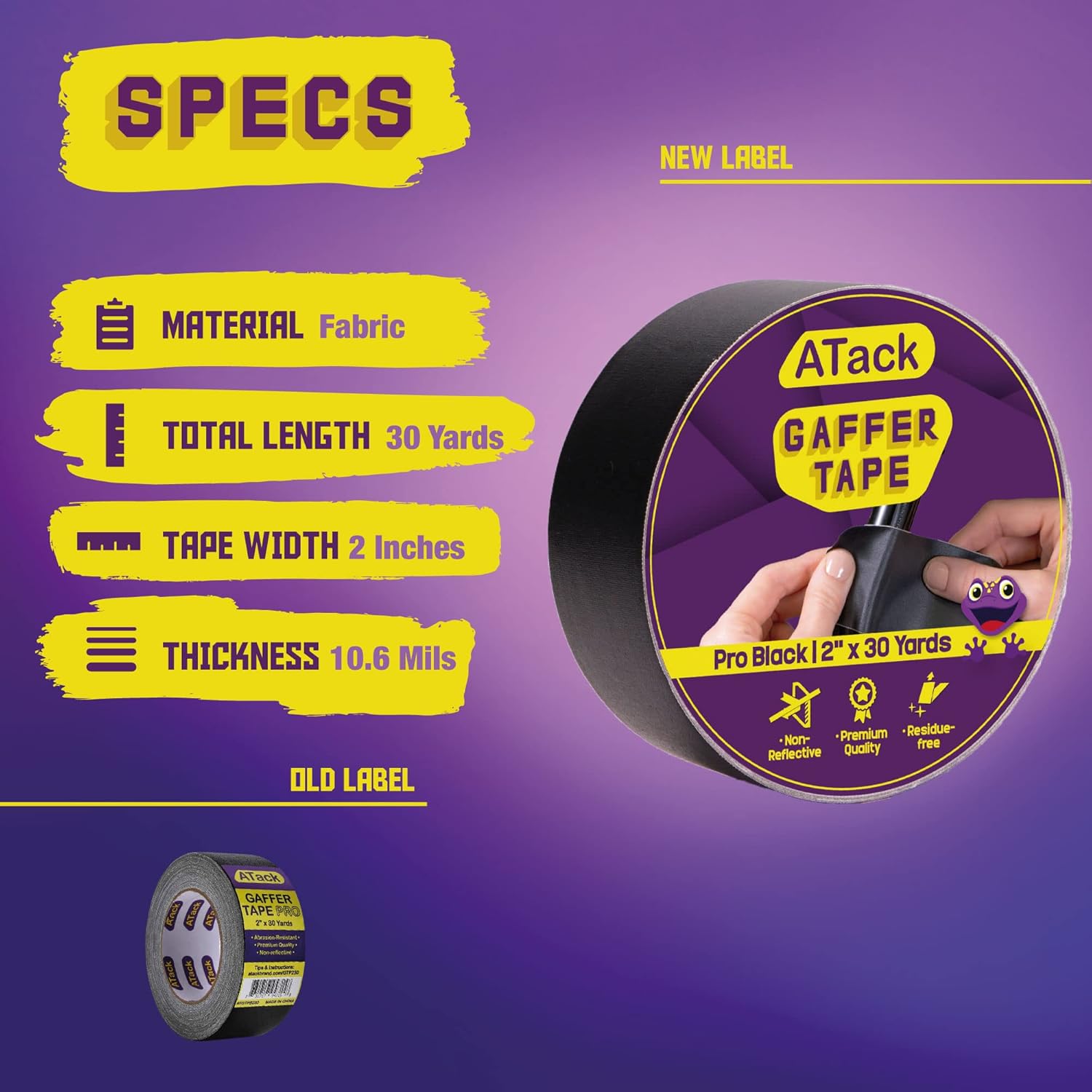 ATack Gaffer Tape Pro, Black, 2-Inches X 30 Yards- Premium Grade and Easy Tear Matte Black Gaff Main Stage Tape for Photographers, Interior Designers and Professionals : Industrial & Scientific