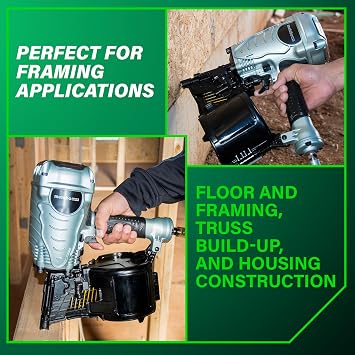Metabo HPT Coil Framing Nailer, Pro-Preferred Pneumatic Power Nailers in Construction Tools, Versatile Framing Tool for Floor, Truss, and Roof Decking, 15 1-3/4 to 3-1/2 Nails, NV90AG(S)