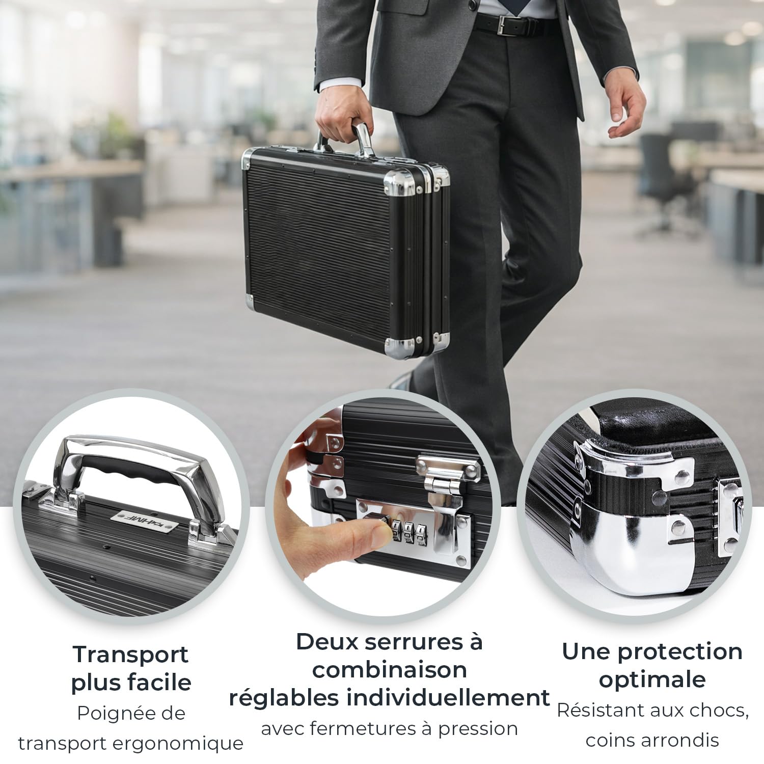 HMF Mallette en aluminium pour ordinateur portable jusqu’à 17,3 pouces, Mallette business homme avec serrure à combinaison, compartiment rembourré et organiseur | 45 x 33 x 11 cm | Noir