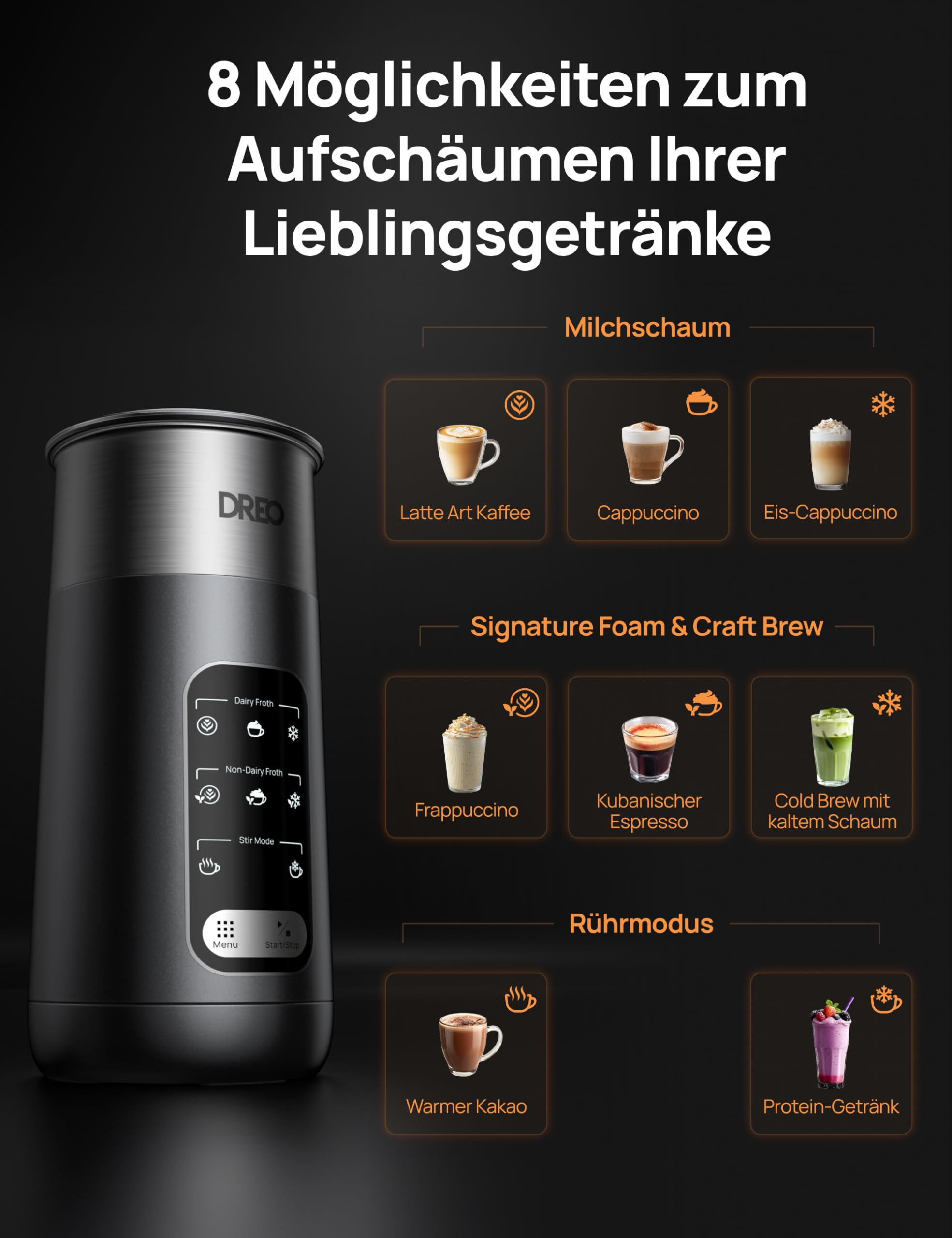 DREO Milchaufschäumer, 8-in-1 Elektrischer Milchschäumer für Latte, Cappuccino, Heiße Schokolade, 270ml Automatischer Aufschäumer aus Edelstahl für warmen und kalten Schaum, LED, leicht zu reinigen