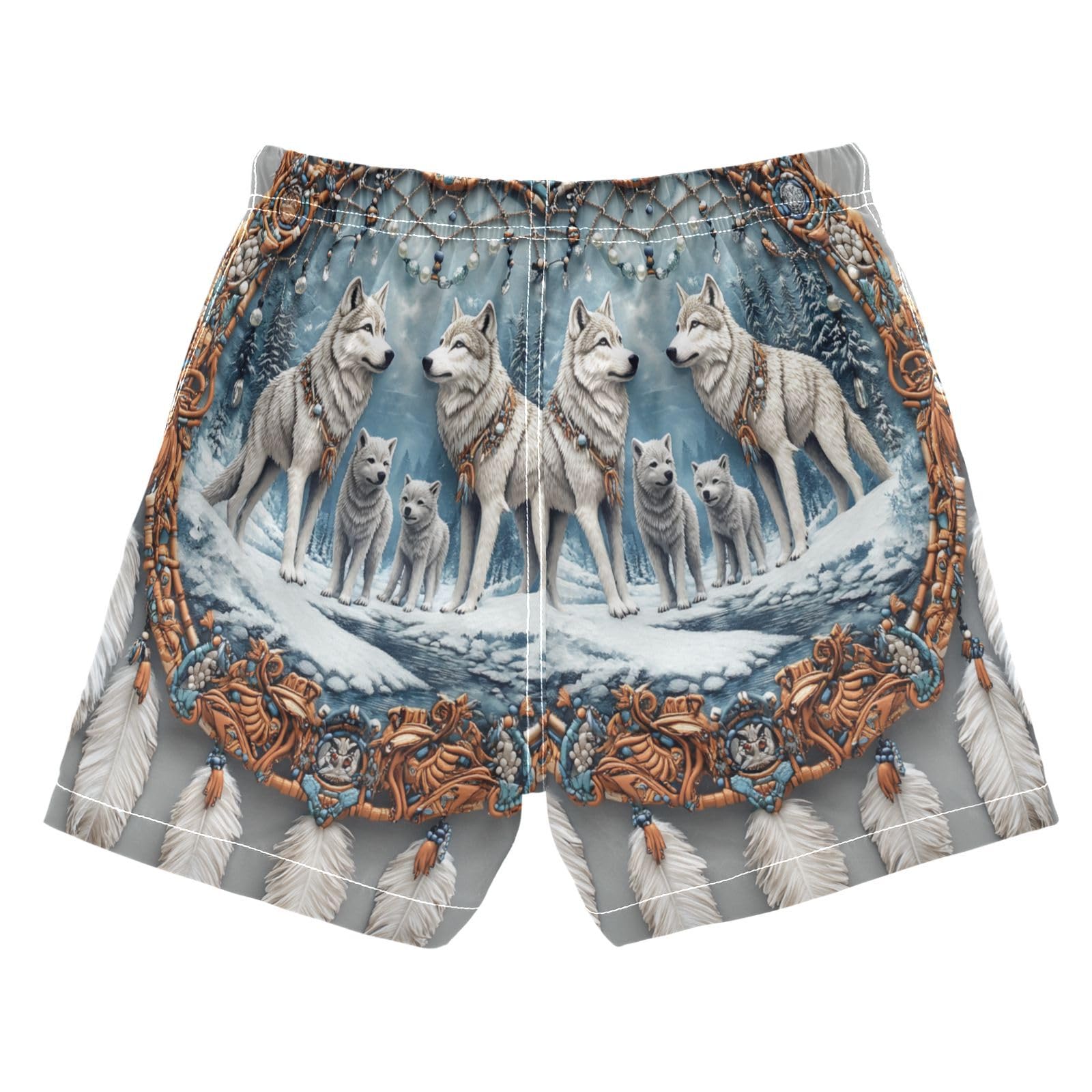 Boys Swim Trunks Toddler Swim Shorts Little Boys Swimwear Bohemia Dream Catcher Four Wolf Bathing Suit Swimsuit Multi