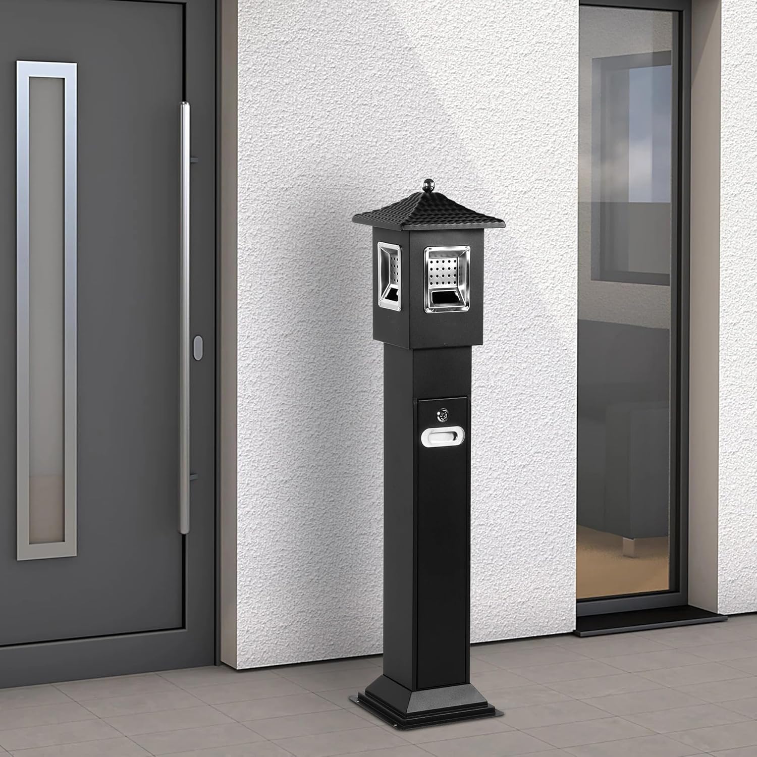Cubo de basura de 120 cm para exteriores, de acero inoxidable, vertical, con 4 entradas, resistente al agua, con cubo interior de acero