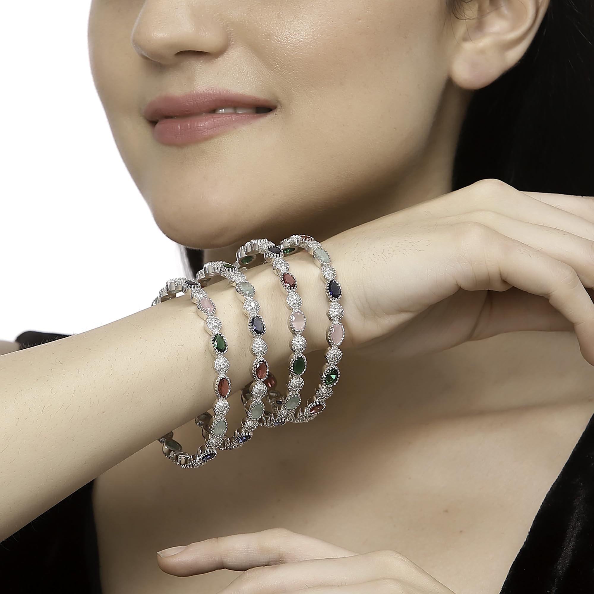 Rhodium-Plated American Diamond Bangles Set of 4 (2.6)