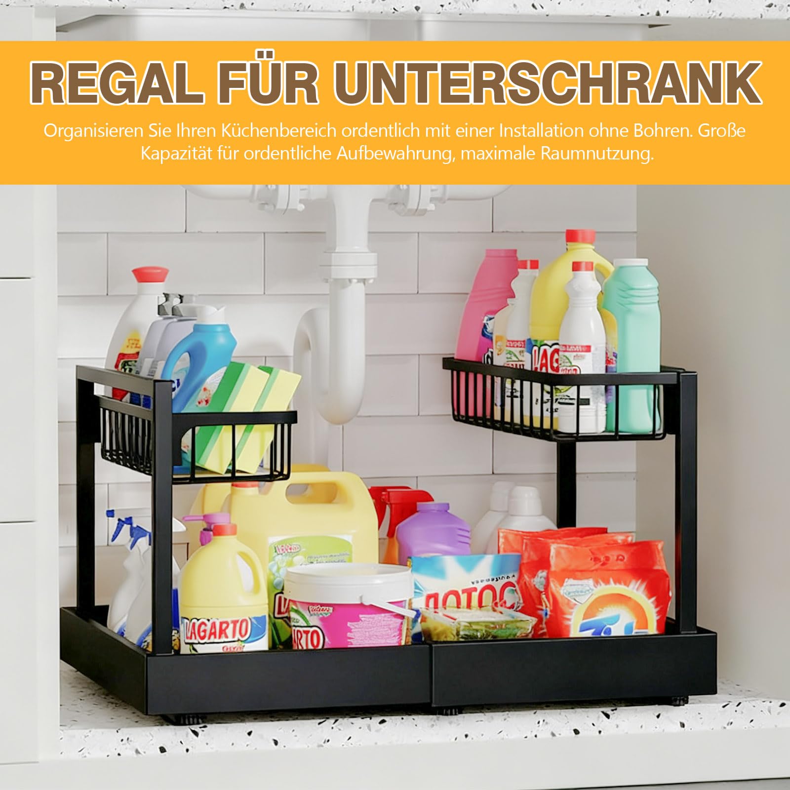 TWSOUL Organizador de armario extensible de 2 niveles debajo del lavabo, organizador de cocina, longitud extensible de 32 a 52 cm, para armario y baño, sistema de organización de armario