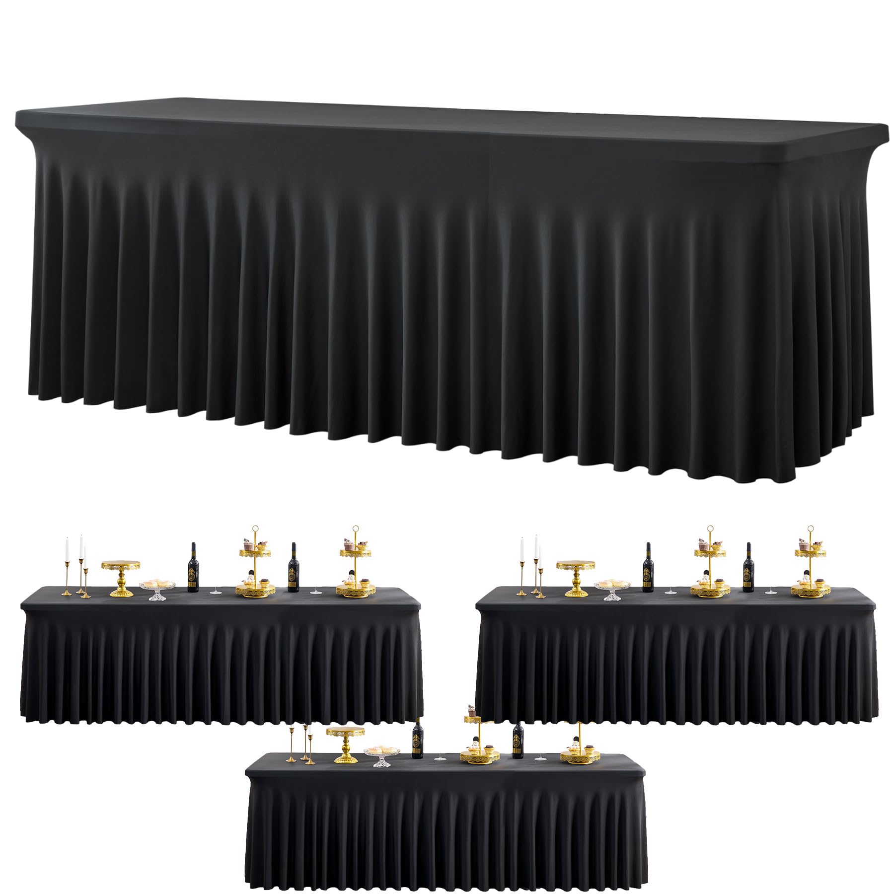 3 Pack Black Spandex Tablecloths for 8 Foot Rectangle Tables, Stretchy Fitted 8ft Table Cloths, Wrinkle Free Table Cloth Cover for Parties Weddings Birthday Banquet Baby Shower