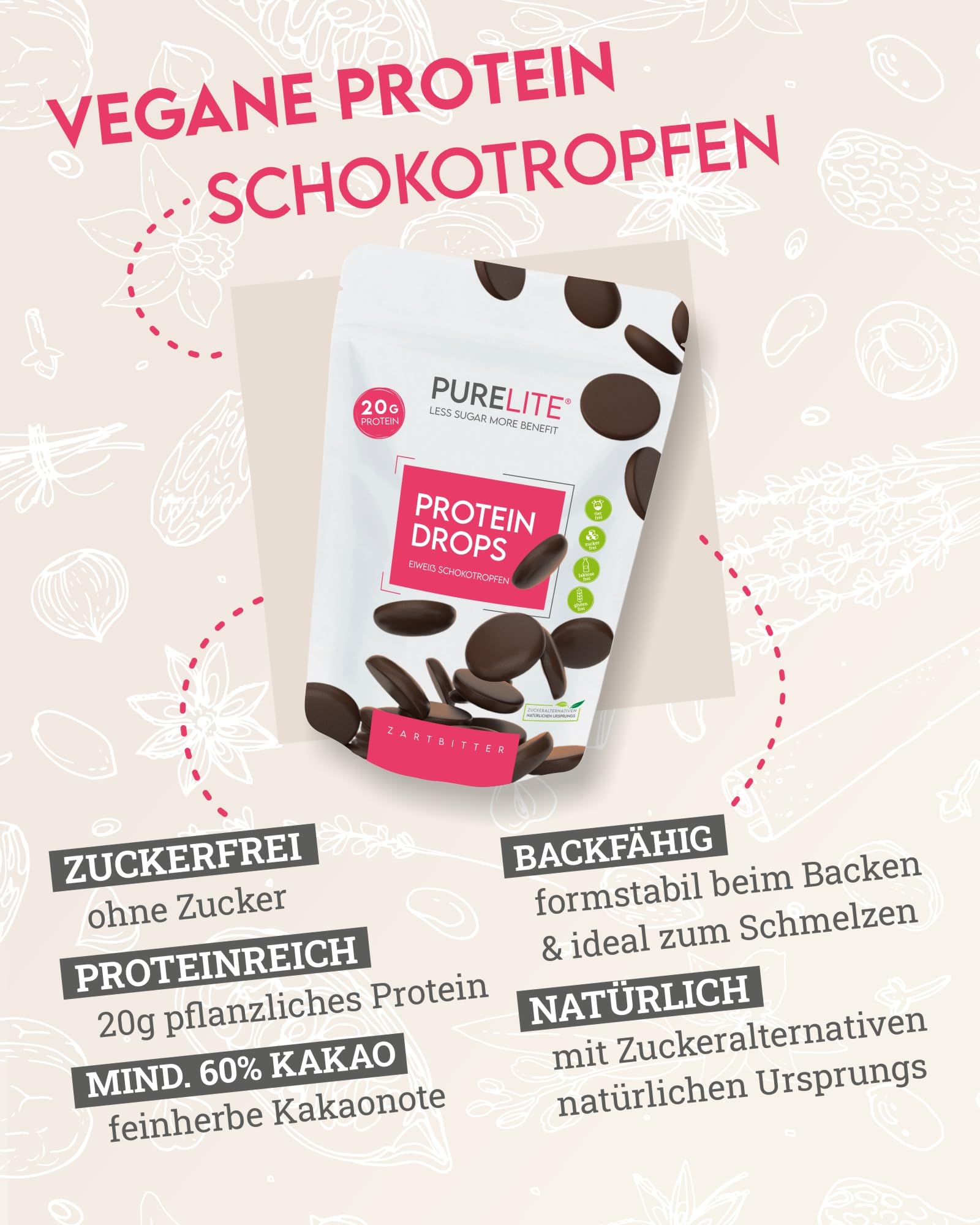 PURELITE Protein Drops fondente vegano, 20 g/100 g proteine, senza zucchero, 60% cacao, a basso contenuto calorico, dolcificati con eritritolo e stevia, ideali per snack, cottura e fonduta – 450 g.