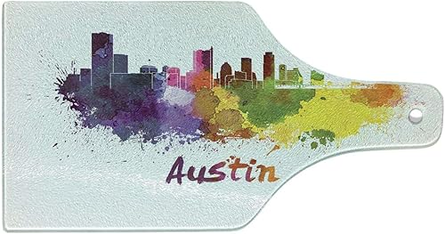 Ambesonne Austin Cutting Board, Texas Capital Skyline in Watercolor Splatters with Clipping Path White Outlined, Decorative Tempered Glass Cutting
