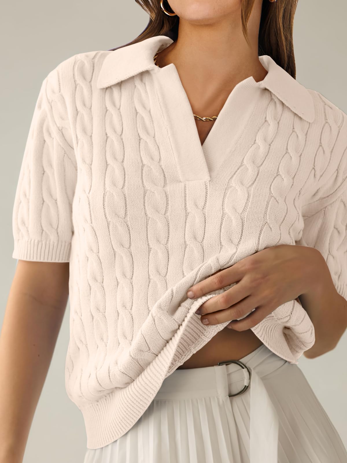 Condition photo showing New/Like New for anrabess women's short sleeve sweaters tops polo v neck cable knit casual soft pullover shirts 2026 summer outfits