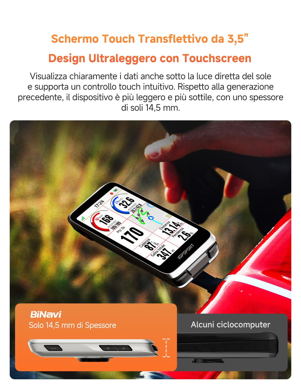 iGPSPORT BiNavi Ciclocomputer GPS, Analisi Allenamento, Navigazione Continua, Rilevamento Movimento, Touchscreen 3,5", Controllo Musica e Action Cam, iClimb Pro, 35H