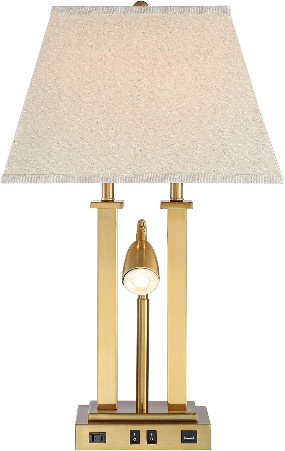 Deacon Modern Desk Table Lamp with USB and AC Power Outlet in Base LED Gooseneck 26" High Antique Brass Oatmeal Linen Drum Shade for Living Room Bedroom Bedside Nightstand - Possini Euro Design - - 