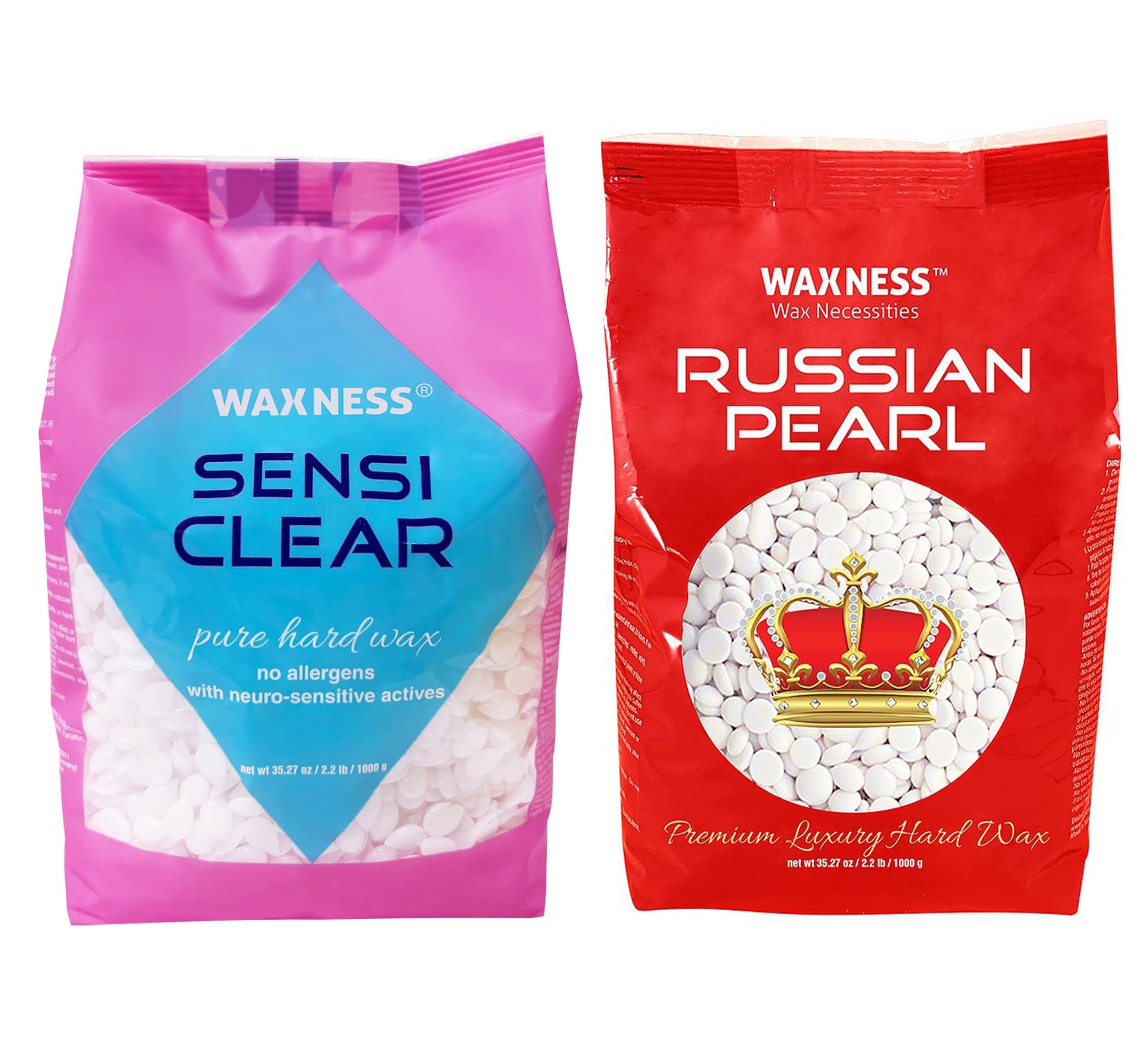 Waxness RUSSIAN PEARL (Creamy Formula) and SENSI CLEAR (Gel Formula) Rosin Free Hard Wax Beads 2.2 lb / 1 kg Pack of 2 For Hair Removal, Made in Italy