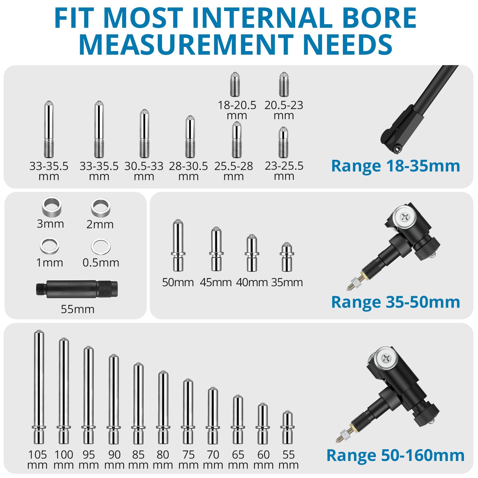AUTOUTLET Calibrador de Diámetro Interior Digital, Calibrador de Orificios 0.01mm Precisión, Herramienta de Medición Interna de Cilindros con Cabezales Intercambiables y Estuche ABS (18-160mm)