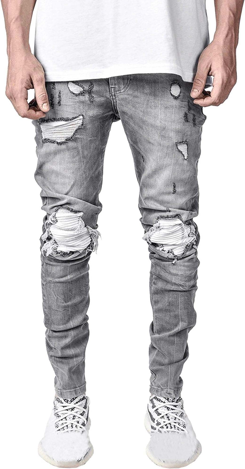 JEShifangjiusu Men Stacked Skinny Jeans Ripped Patchwork Denim Pants Slim Fit Hip Hop Denim Jeans with Hole