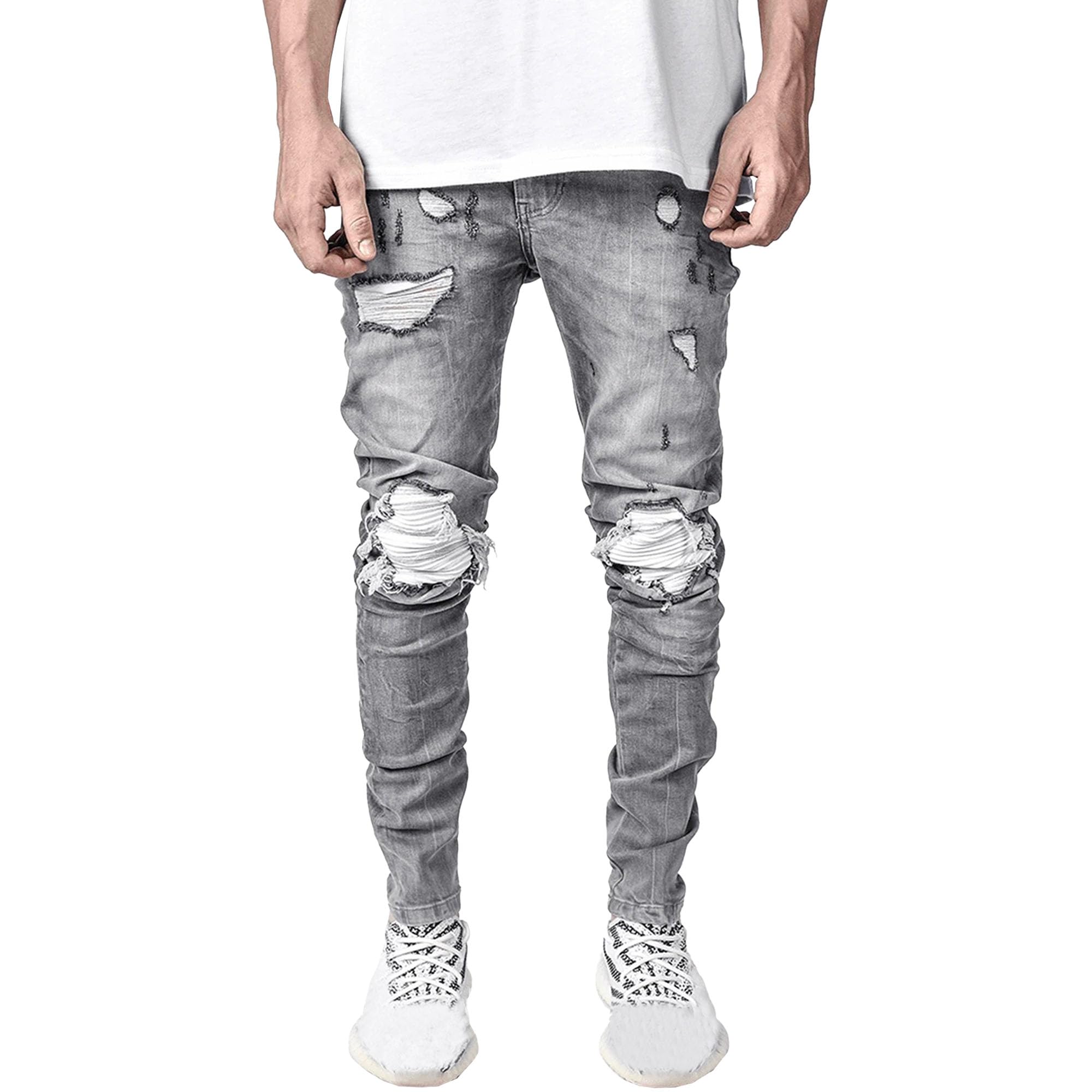 JEShifangjiusu Men Stacked Skinny Jeans Ripped Patchwork Denim Pants Slim Fit Hip Hop Denim Jeans with Hole