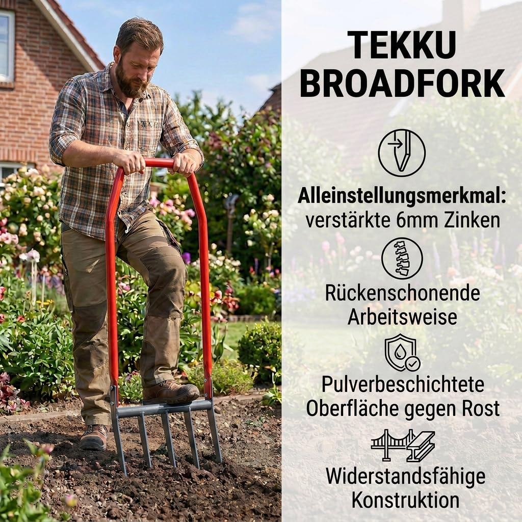 Broadfork Grabegabel 50 cm, die extra stabile Doppelgrabegabel mit 6 mm verstärkten Zinken, inkl. Ebook, rückenschonender Bodenlockerer & Aerifizierer für Harte Böden