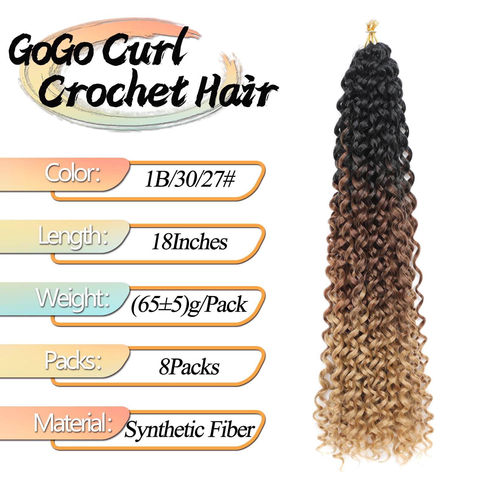 8 Packs GoGo Curl Crochet Hair 18 Inch Long Curly Crochet Hair for Women Beach Curl Water Wave Deep Twist Crochet Braids Synthetic Braiding Hair Extensions (1B/30/27# - Image 2